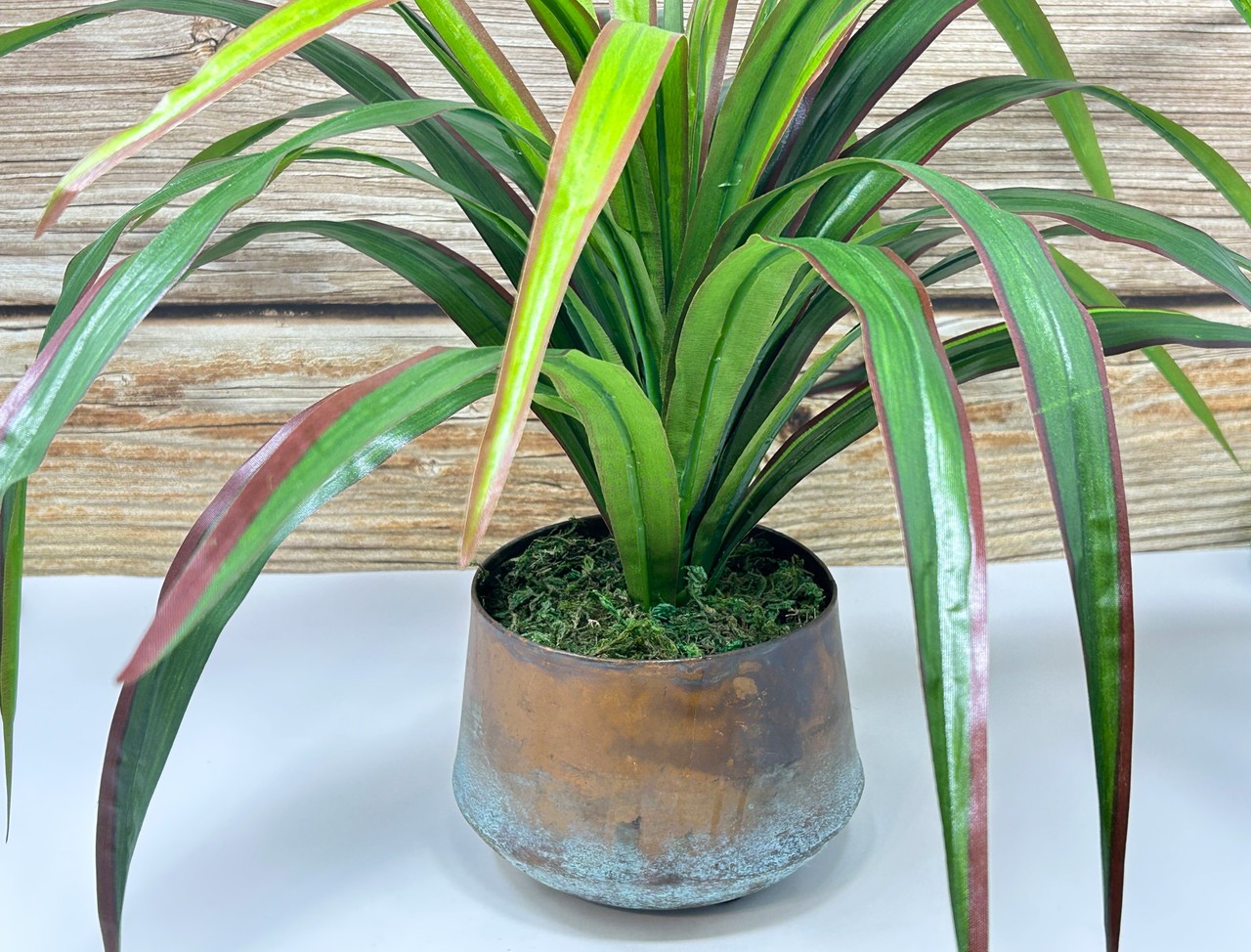 20″ Lg Artificial Green-Red YUCCA SWORD Fern faux Silk plant in Copper Pot