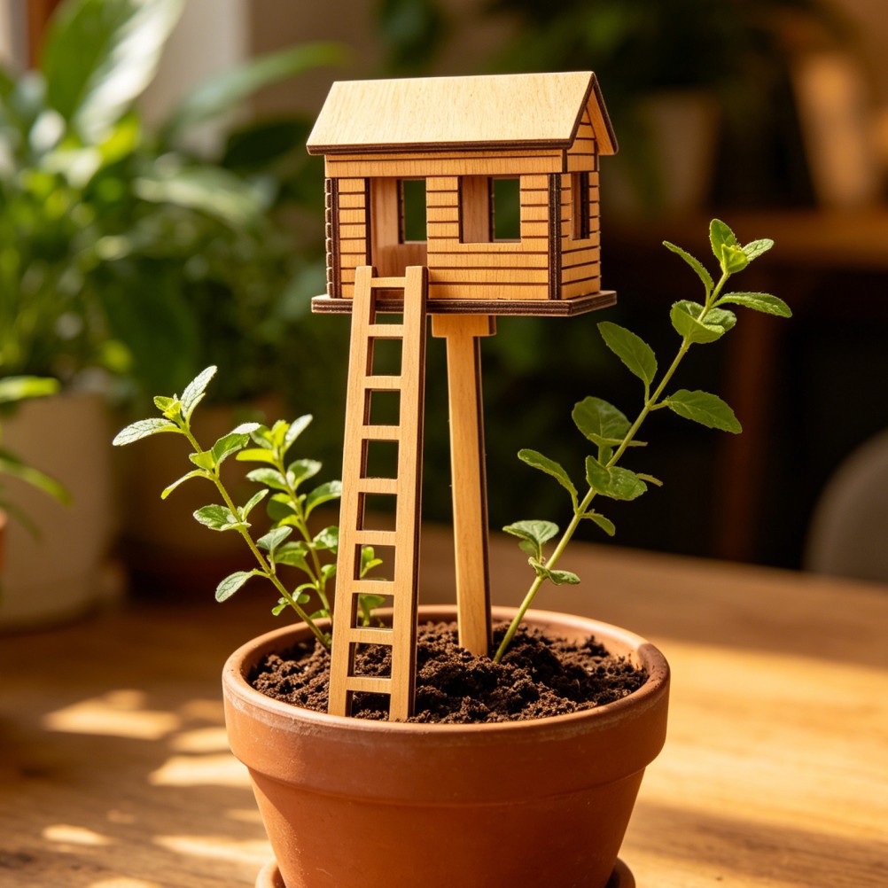 Wooden Mini Treehouse: Miniature Fairy Garden House for Plant Pots, Terrariums