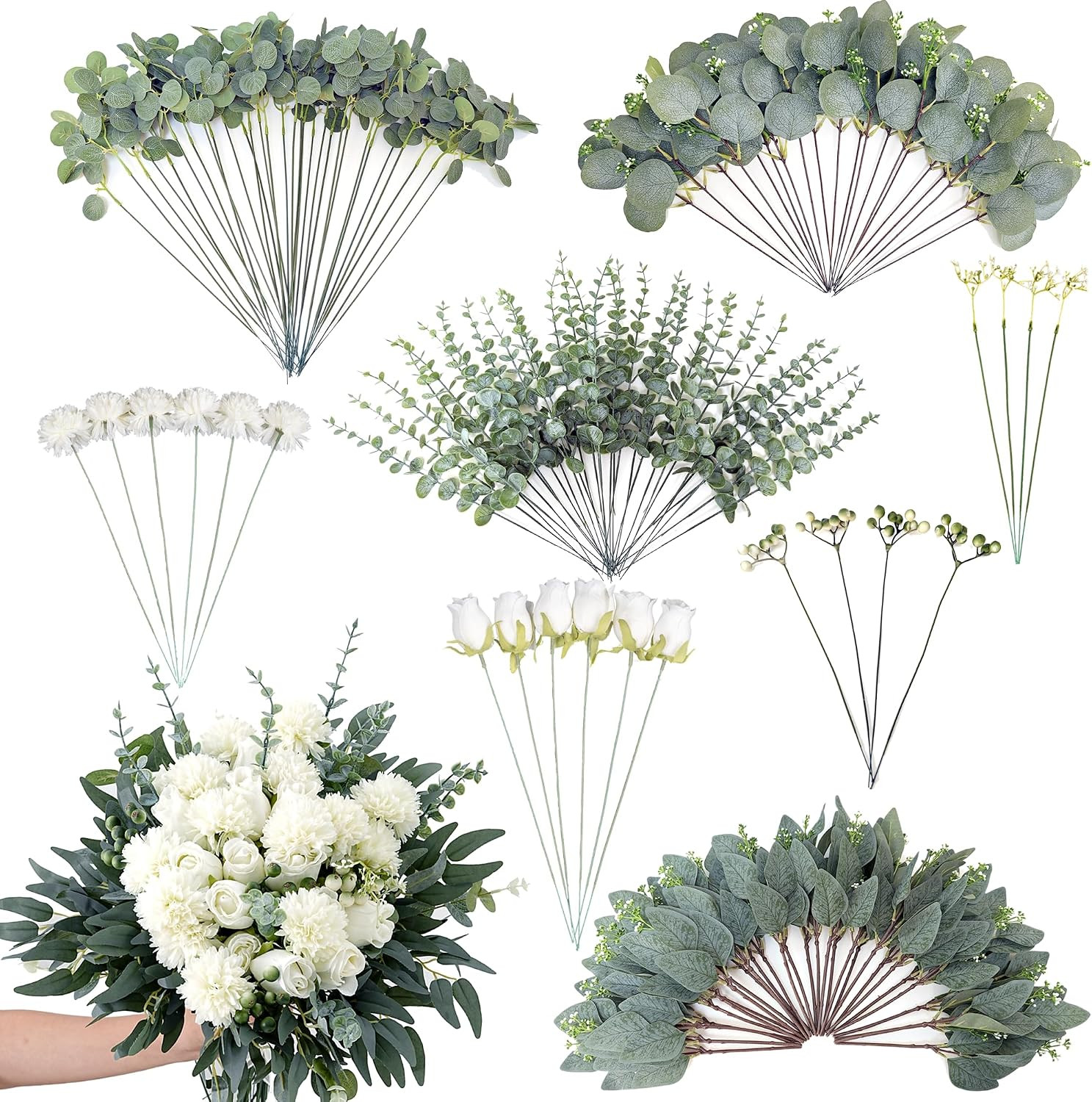 130 Pcs Mixed Eucalyptus Leaves Stems 8 Kinds Artificial Bulk Fake Silver Dollar