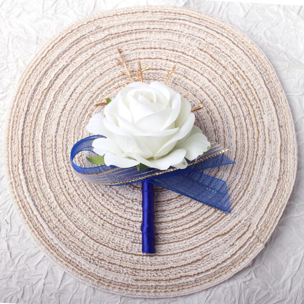 Ivory And Blue Rose Boutonniere For Men Groom Groomsmen Wedding 1 PC