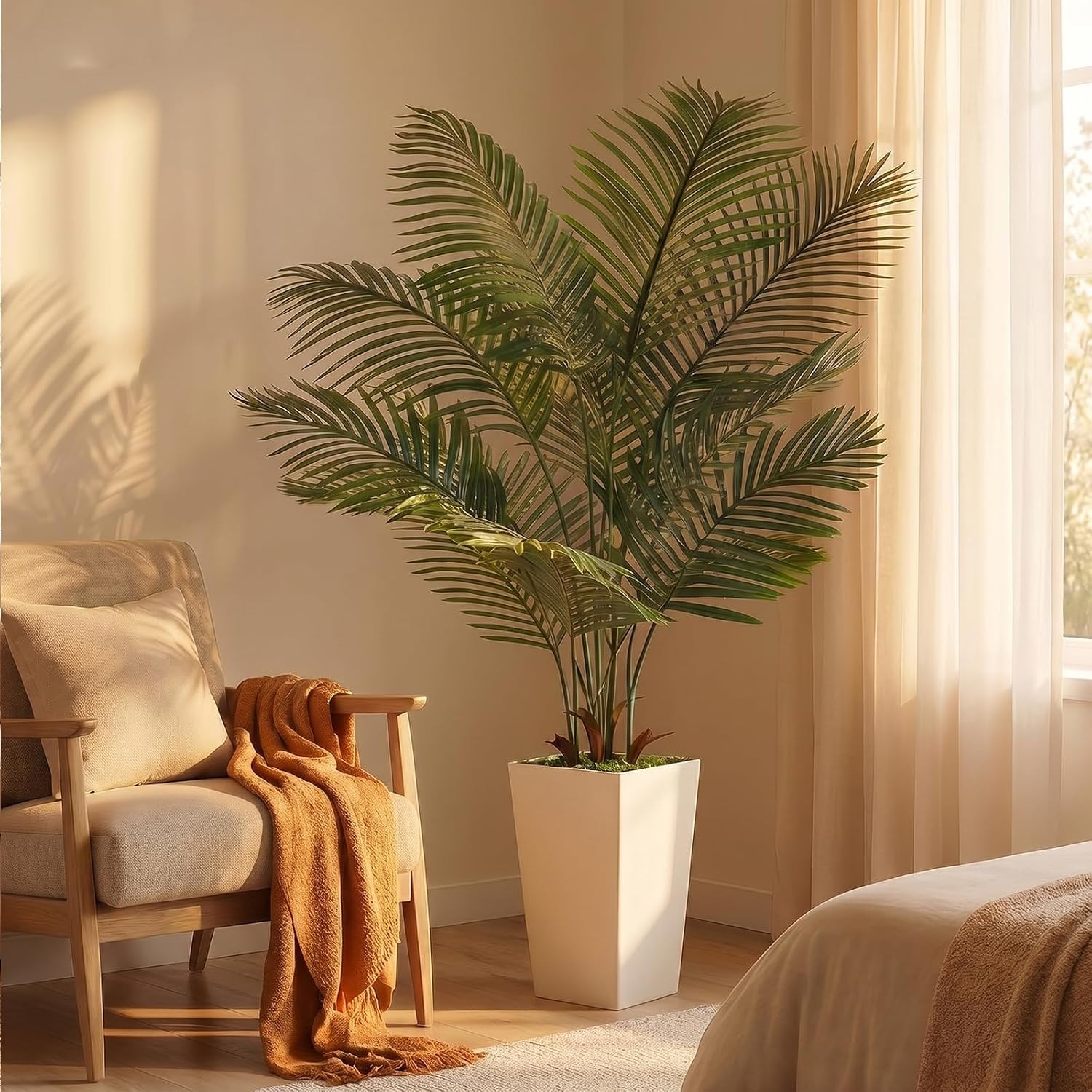 6FT Artificial Palm Tree Palm Tree 72in Tall Faux W/ 15.7 White Planter Fake