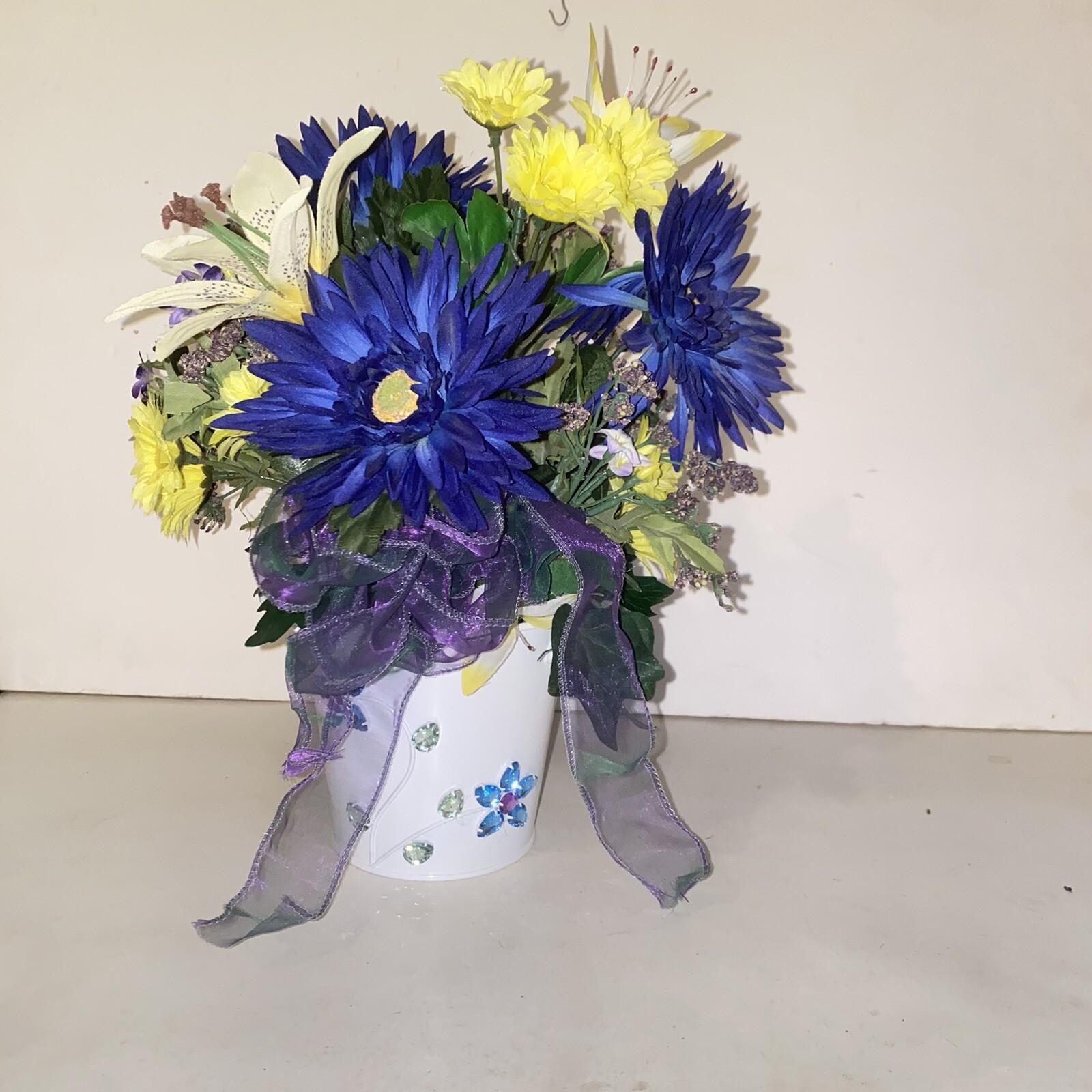 Blue Yellow & Purple Flower Arrangement in Rhinestone Jeweled Tin Planter