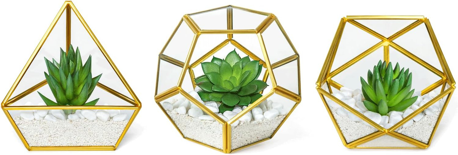 3 Pack Fake Succulents in Geometric Glass Terrarium Gold Office Decor | Lifelike