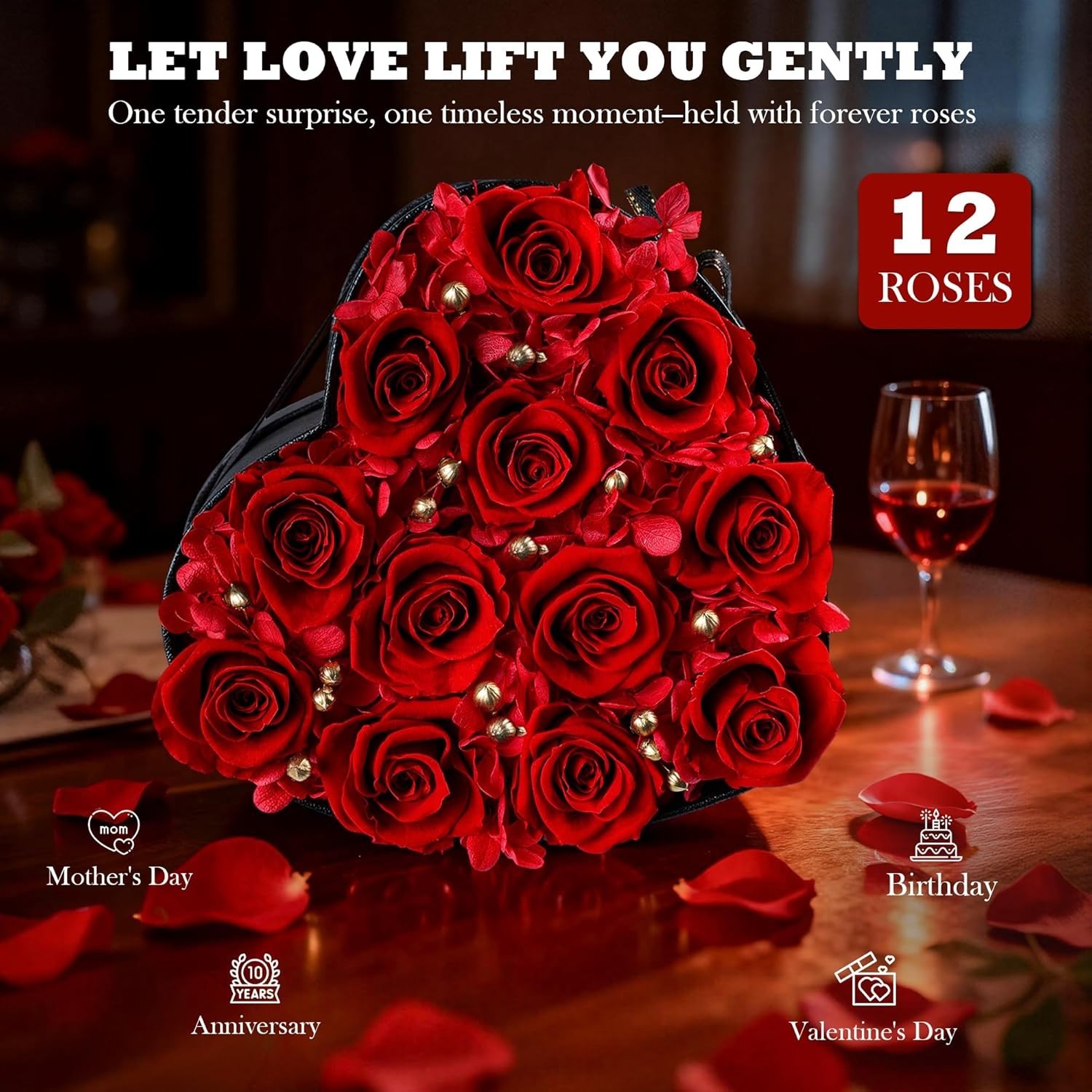 Classic 12 Pcs Red Roses in Heart Shaped Box – Luxurious Gift for Women