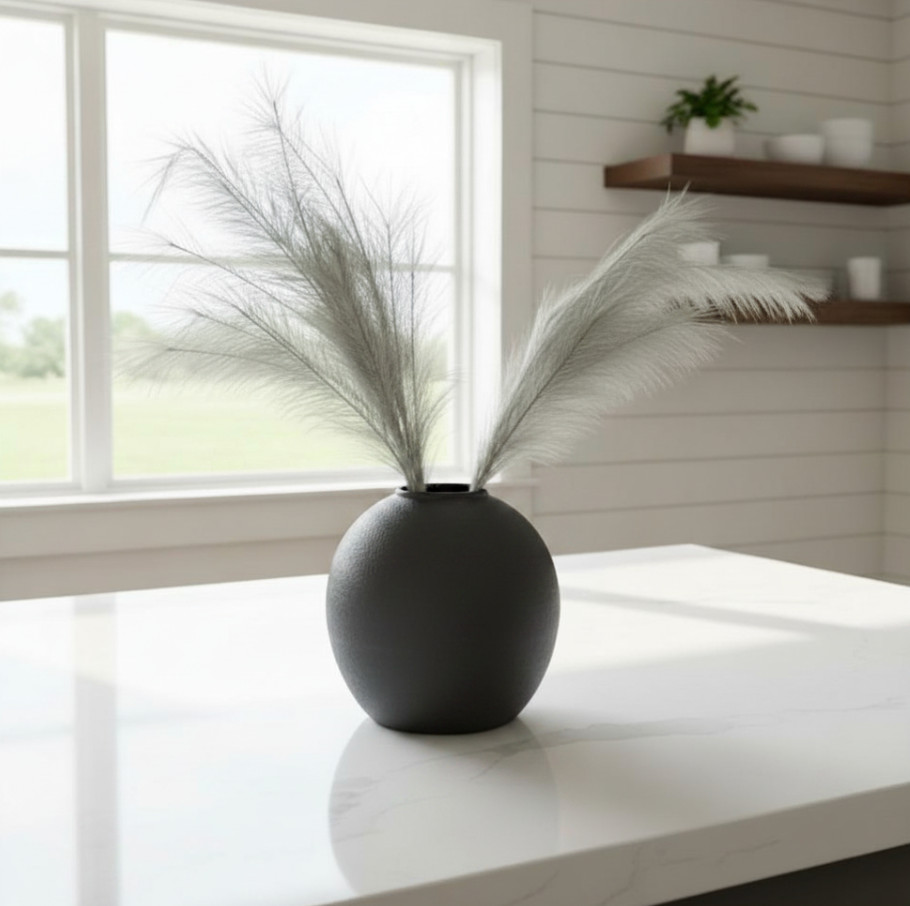 Set of 3 Faux Gray Feather Pampas Stems Coastal Farmhouse Rustic Styles 38″H