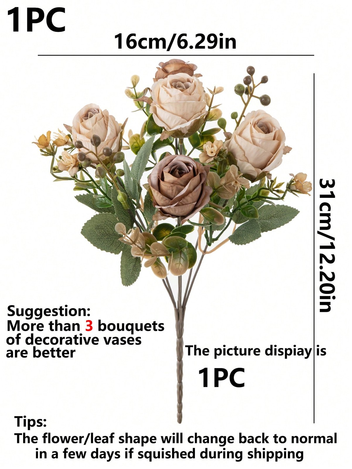 Brown Artificial Silk Rose Bouquet 3 Pieces For Wedding Home Decor