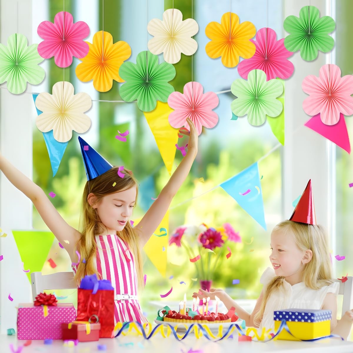 18 PCS Paper Fans Flowers Party Decor Floral Wall Backdrop Pink Green Yellow