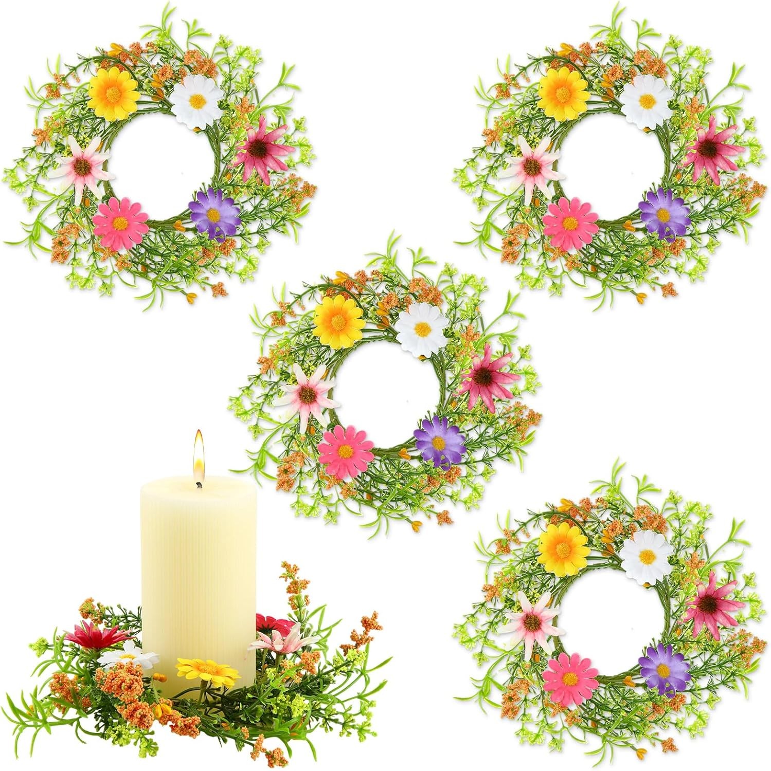 4 Pcs Spring Flower Candle Rings Artificial Floral Wreaths Summer Floral Pillar