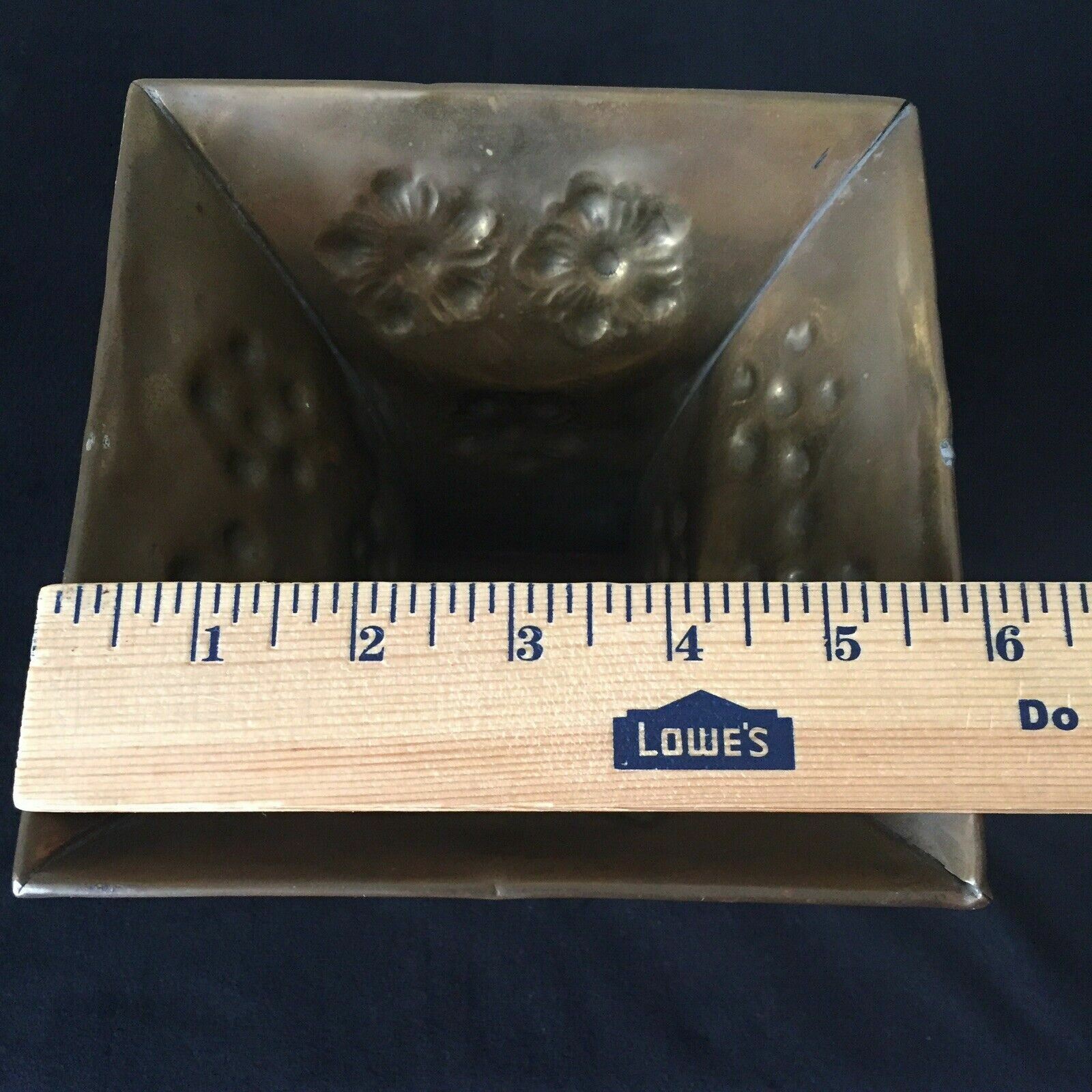Vintage Planter Container Embossed Flowers on Brass 7″High 6″Square Opening