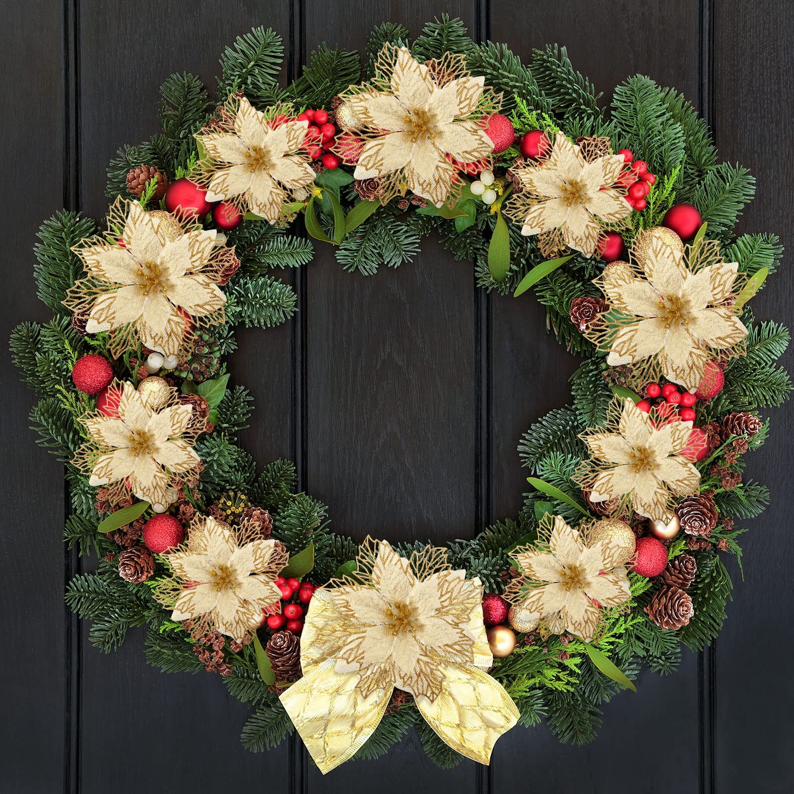 24 Pieces Happy New Year Glitter Poinsettia Flowers Layered Artificial Flower…