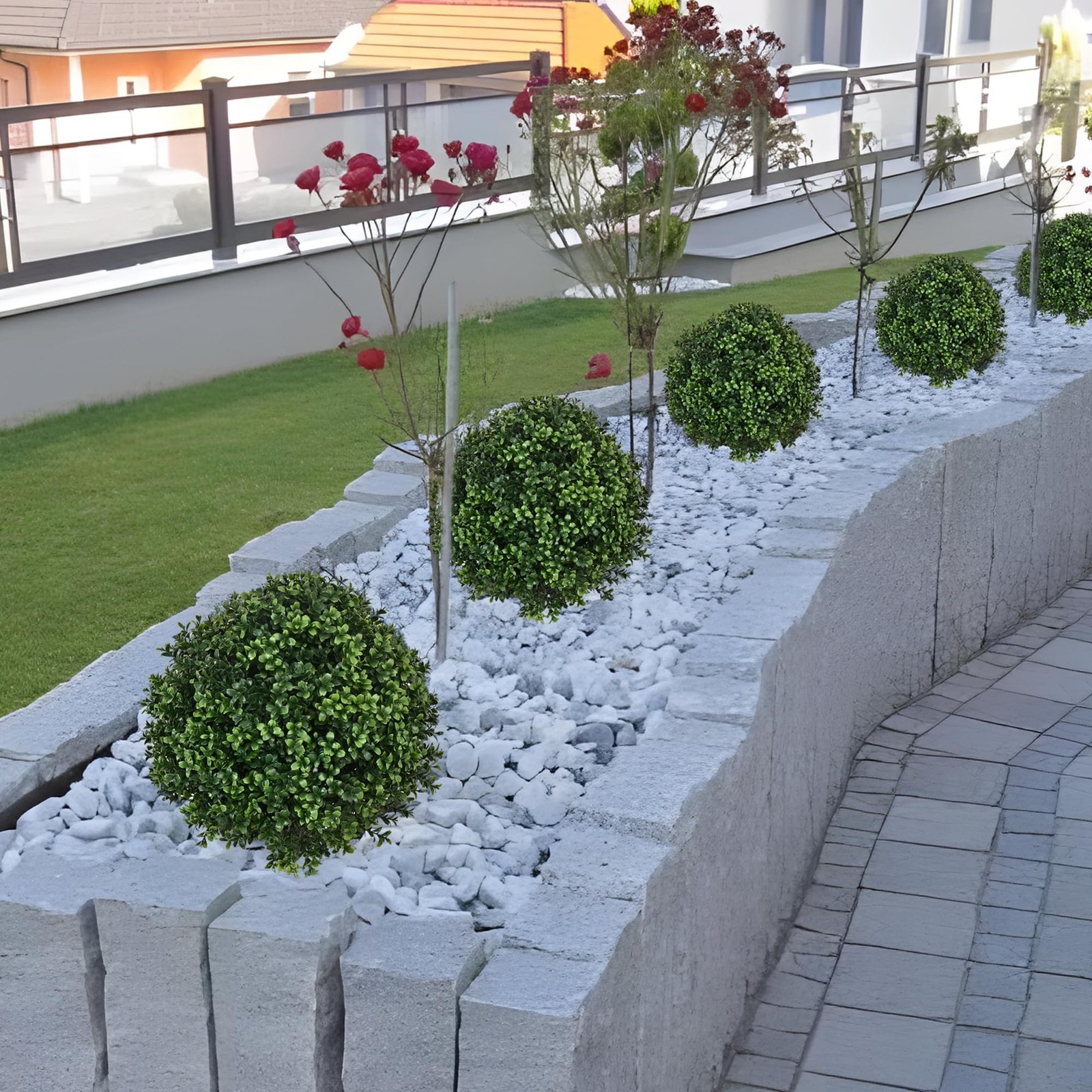 28″ Boxwood Topiary Ball Trees Set of 2 Ground Spike UV Resistant Indoor Outdoor
