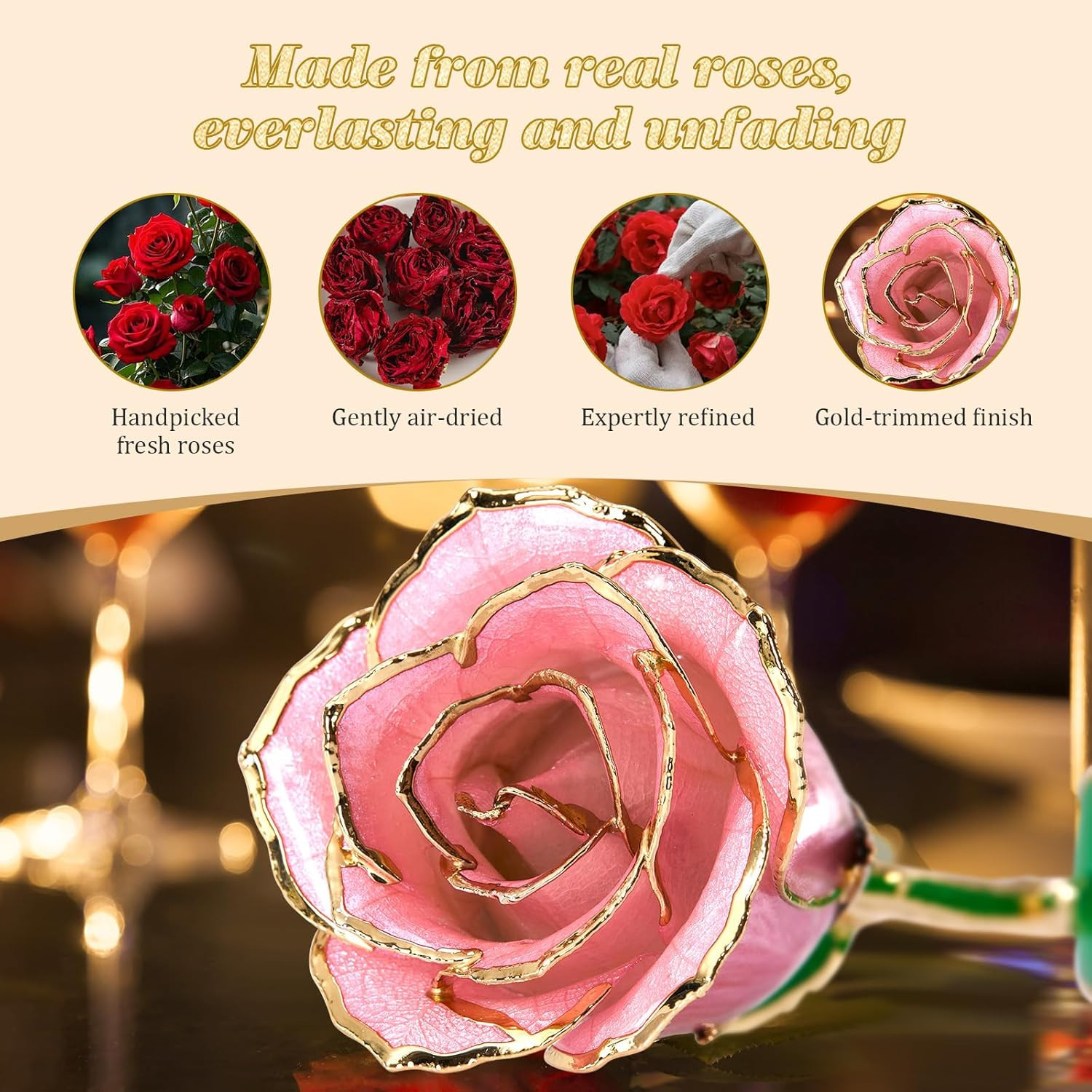 24K Gold Dipped Realistic Pink Rose – Perfect Gift for Her on Any Occasion