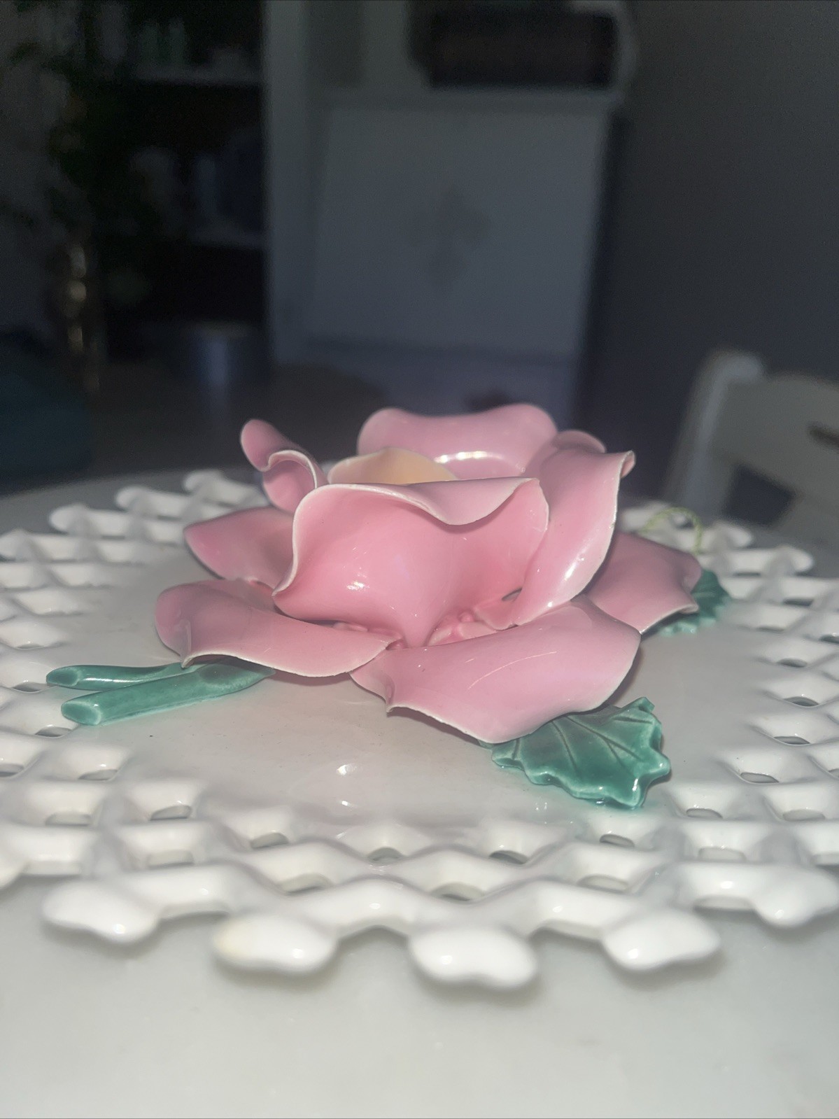 Capodimonte Porcelain Rose on Lattice Plate 8” Wall Decor Made in California USA