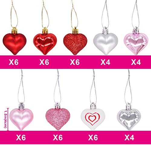 Valentine’s Day Decor Heart Decorations, 48 Pcs Red Pink Silver White Plastic