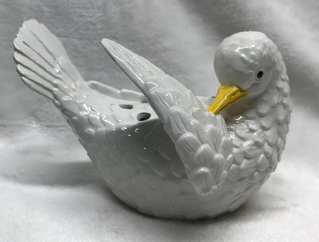 White Dove Frog Flower Arranger Made In Italy Signed