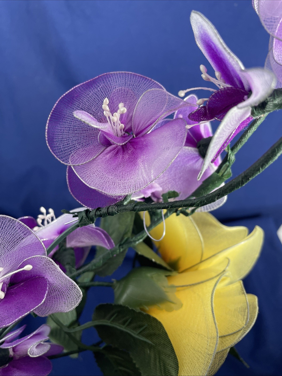 Yellow Roses & Blue Orchids Handcrafted Nylon Flower Bouquet