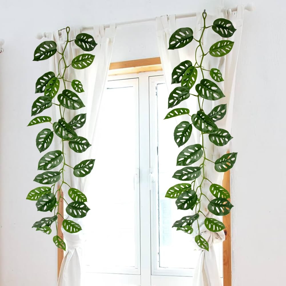 2Pcs Artificial Monstera Leaves Vines 4ft Fake Hanging Plant Ivy Vines Greene…