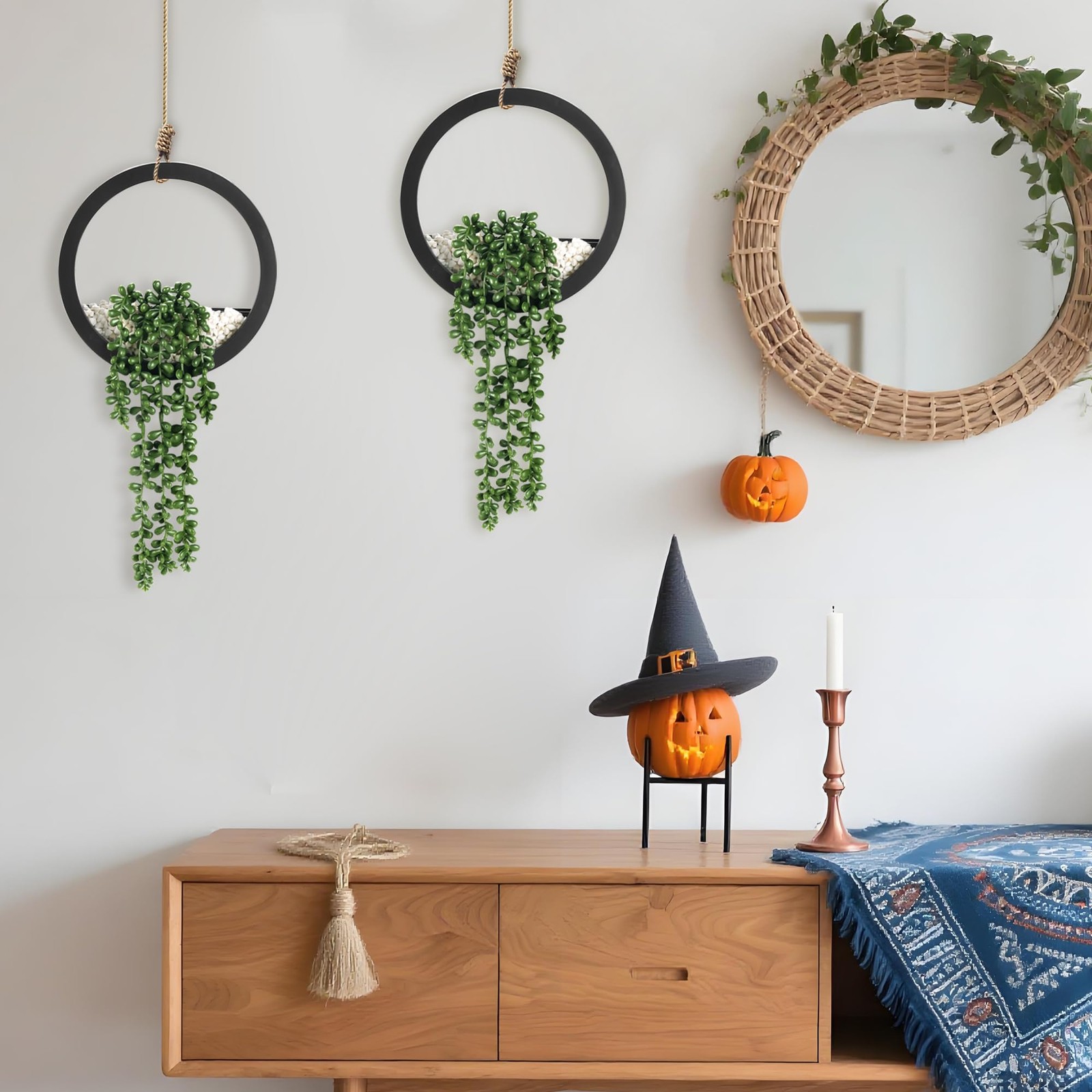 2PC Hanging Artificial Succulents Plants Black Pots Boho Farmhouse Wall Decor 7
