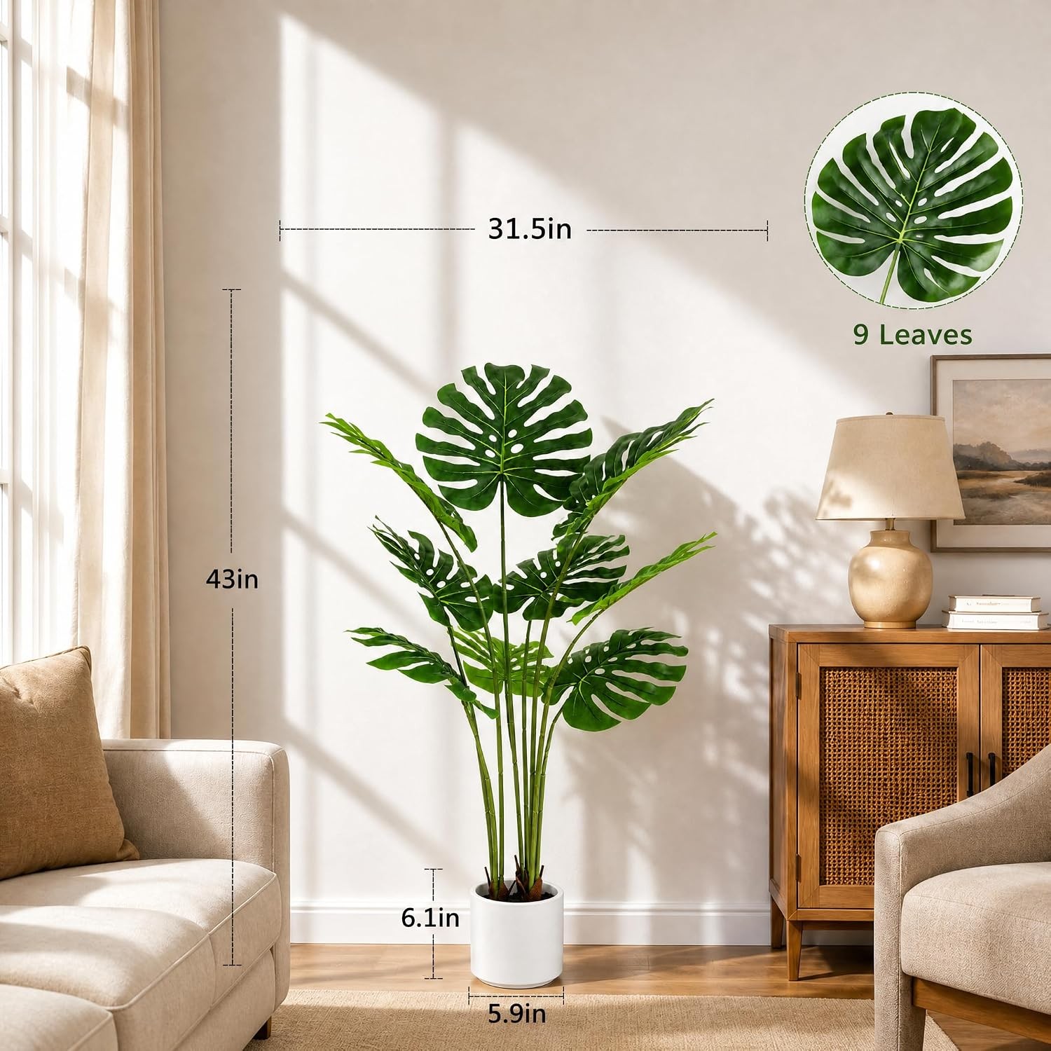 Artificial Monstera Deliciosa Plant 3.6ft, Lifelike Faux Swiss Cheese Floor