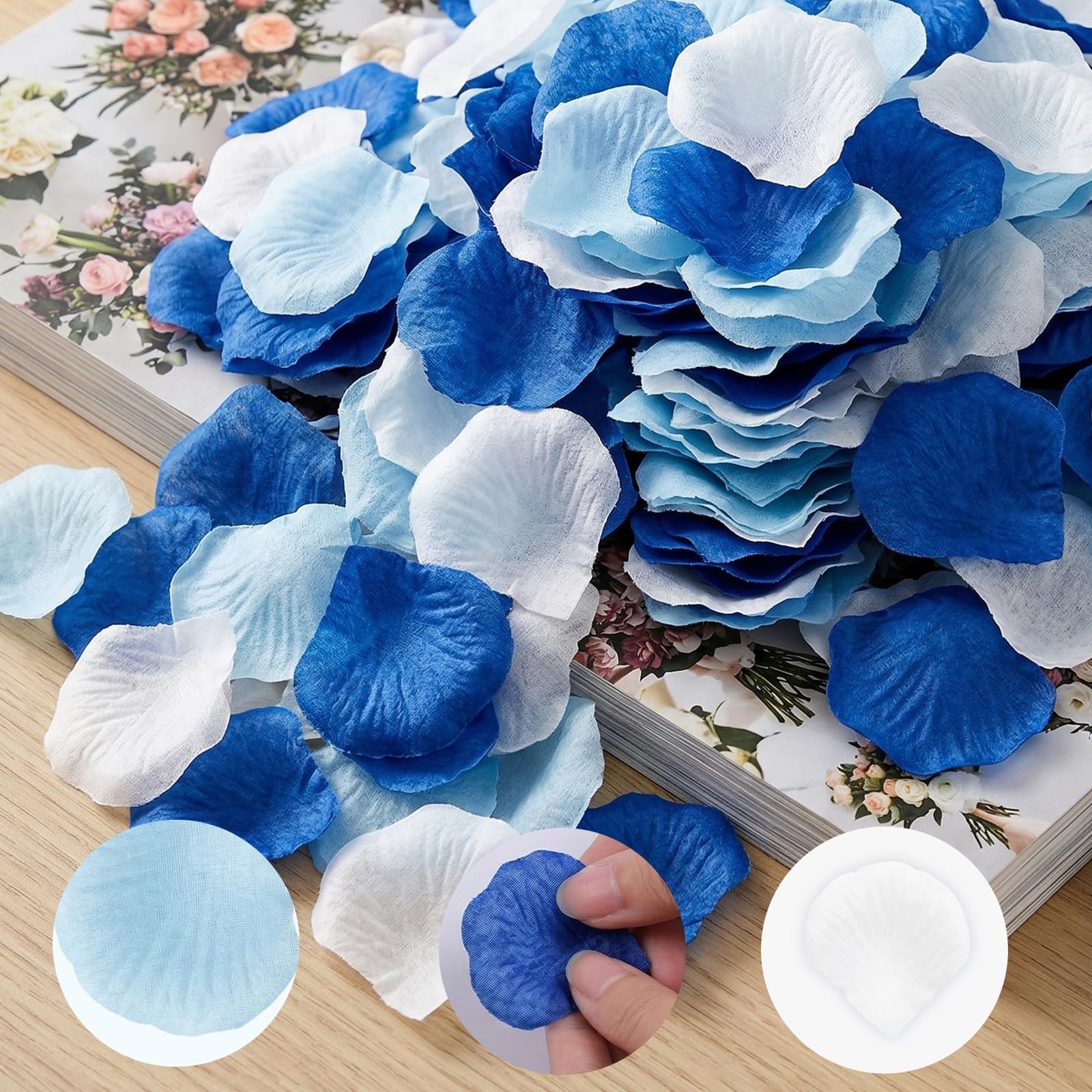 1800PCS Artificial Rose Petals, Dark Blue, Light Blue, White