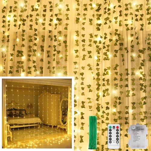 12 Pack Artificial Ivy Leaf Plants with 240 LED Window Curtain String Lights,