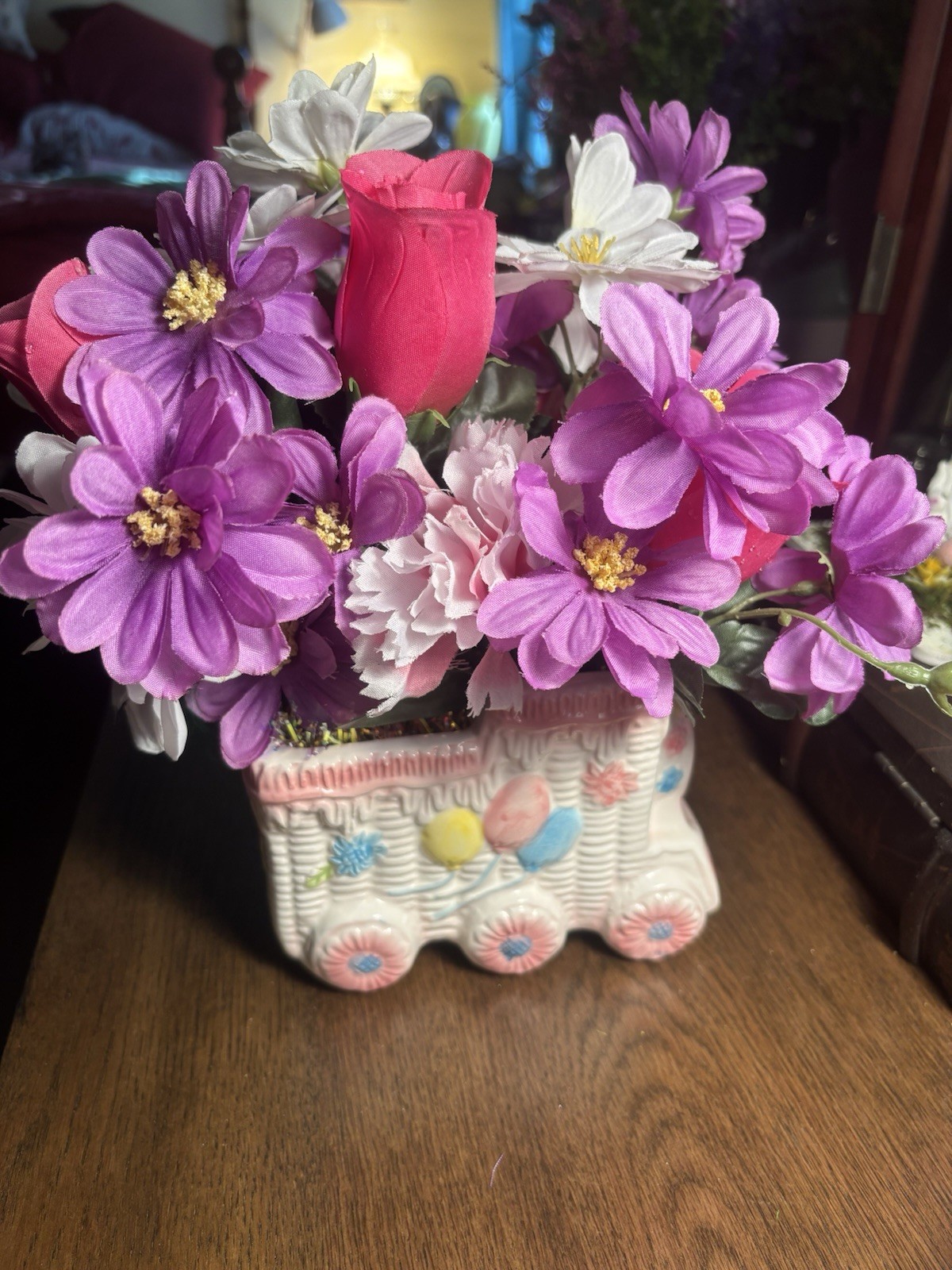 Baby shower floral arrangement decor With Cute Retro Clown Train Car Vase