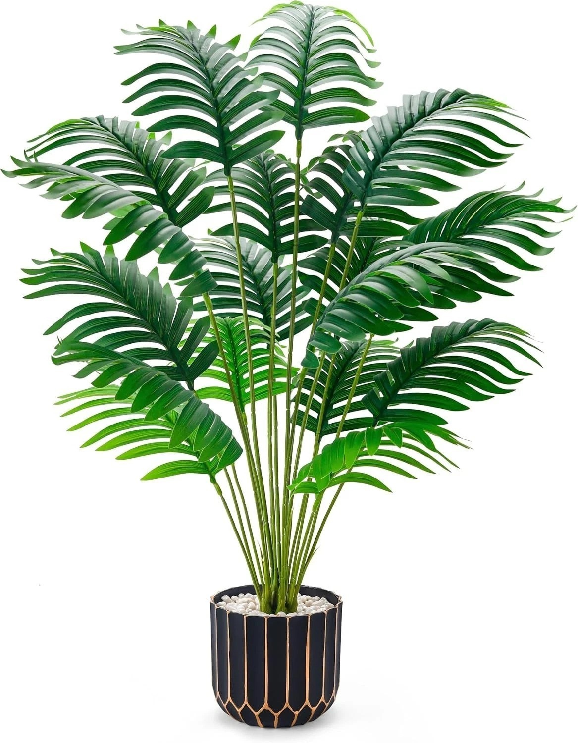 Realistic 28” Tall Faux Palm Tree with Black & Gold Pot for Stylish Home Decor