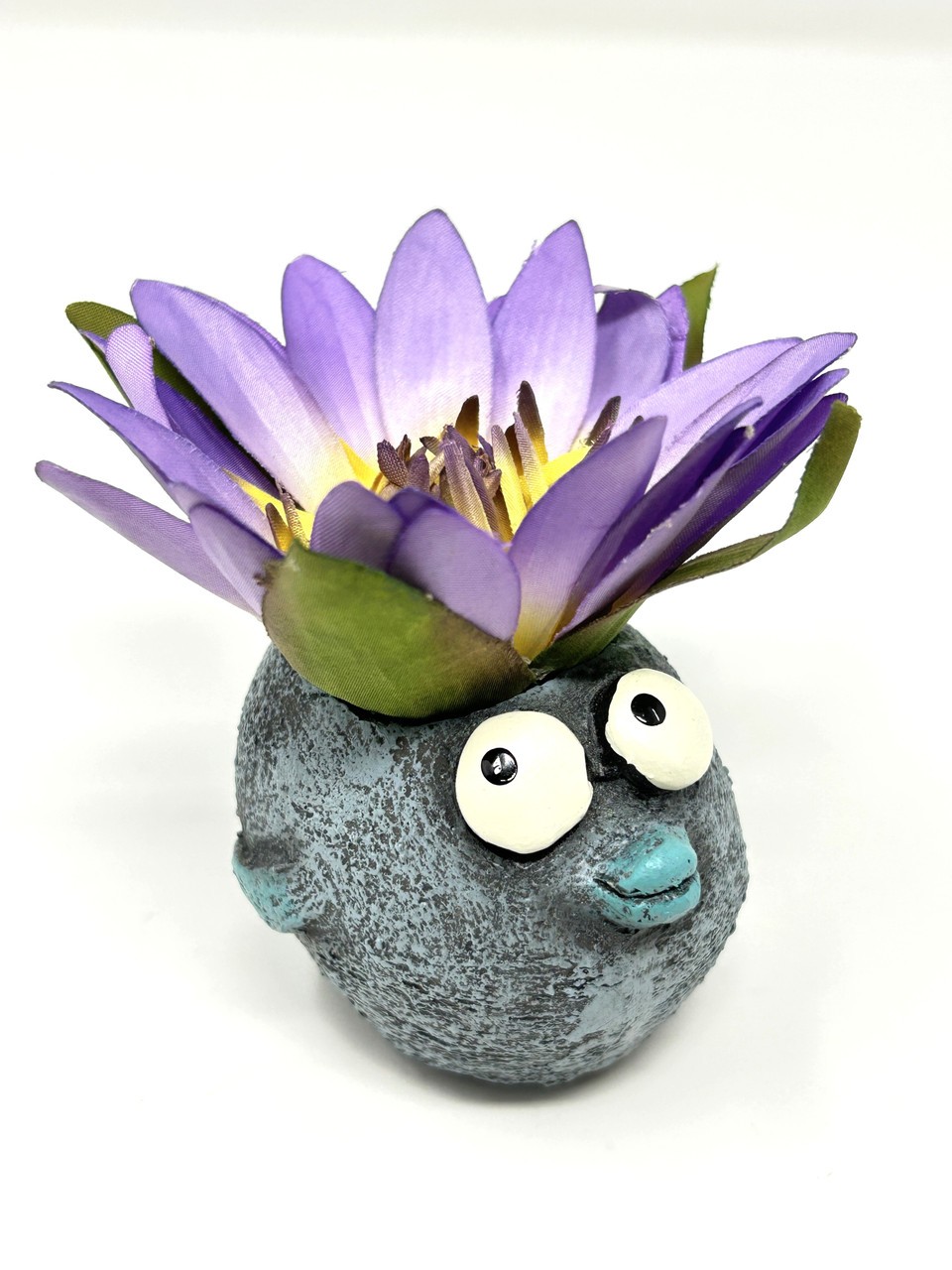 4″ BUBBLES Blue FISH Blob House Mini pot WITH silk LILY flower as shown