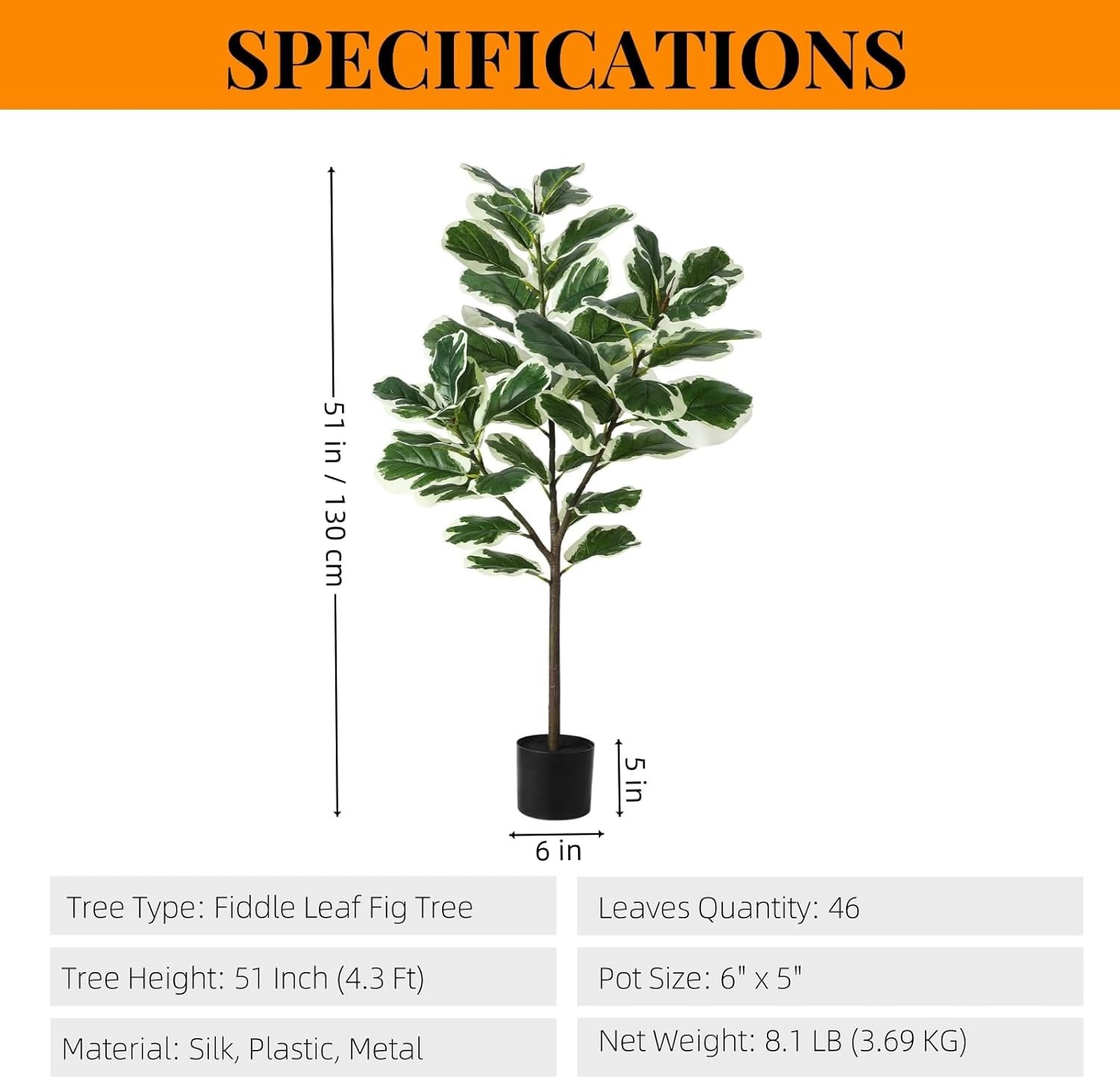 4.3ft Green Artificial Ficus Tree Plant in Pot with 46 Leaves for Indoor Outdoor