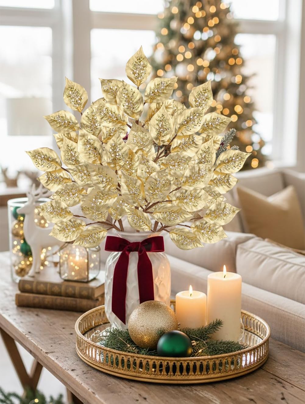 Christmas Tree Picks and Sprays 31.5″ Gold Atrificial Elm Leaves with Stems 3…