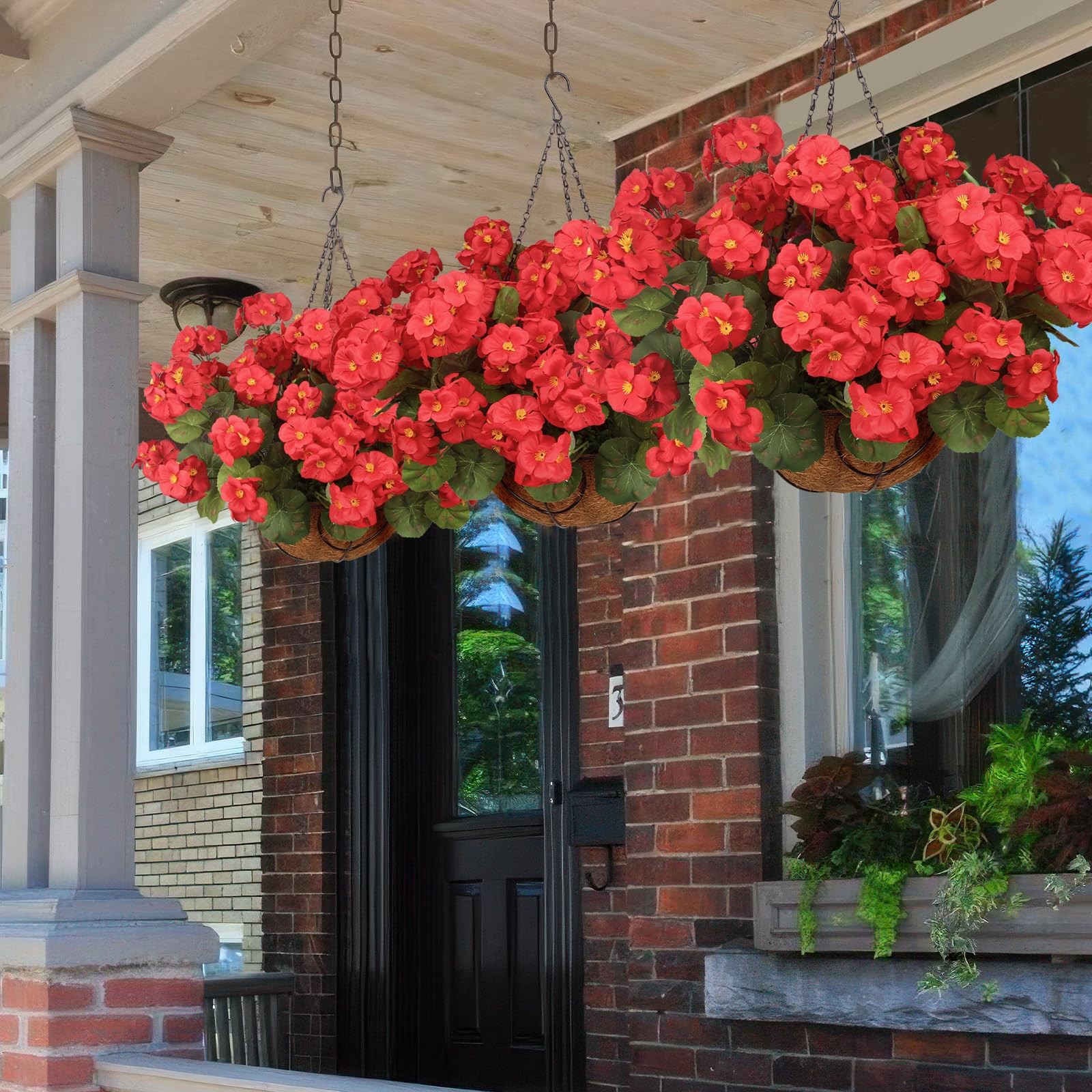 Artificial Flowers for Outdoors with Hanging Basket 12 Pcs Silk Red Geraniums…