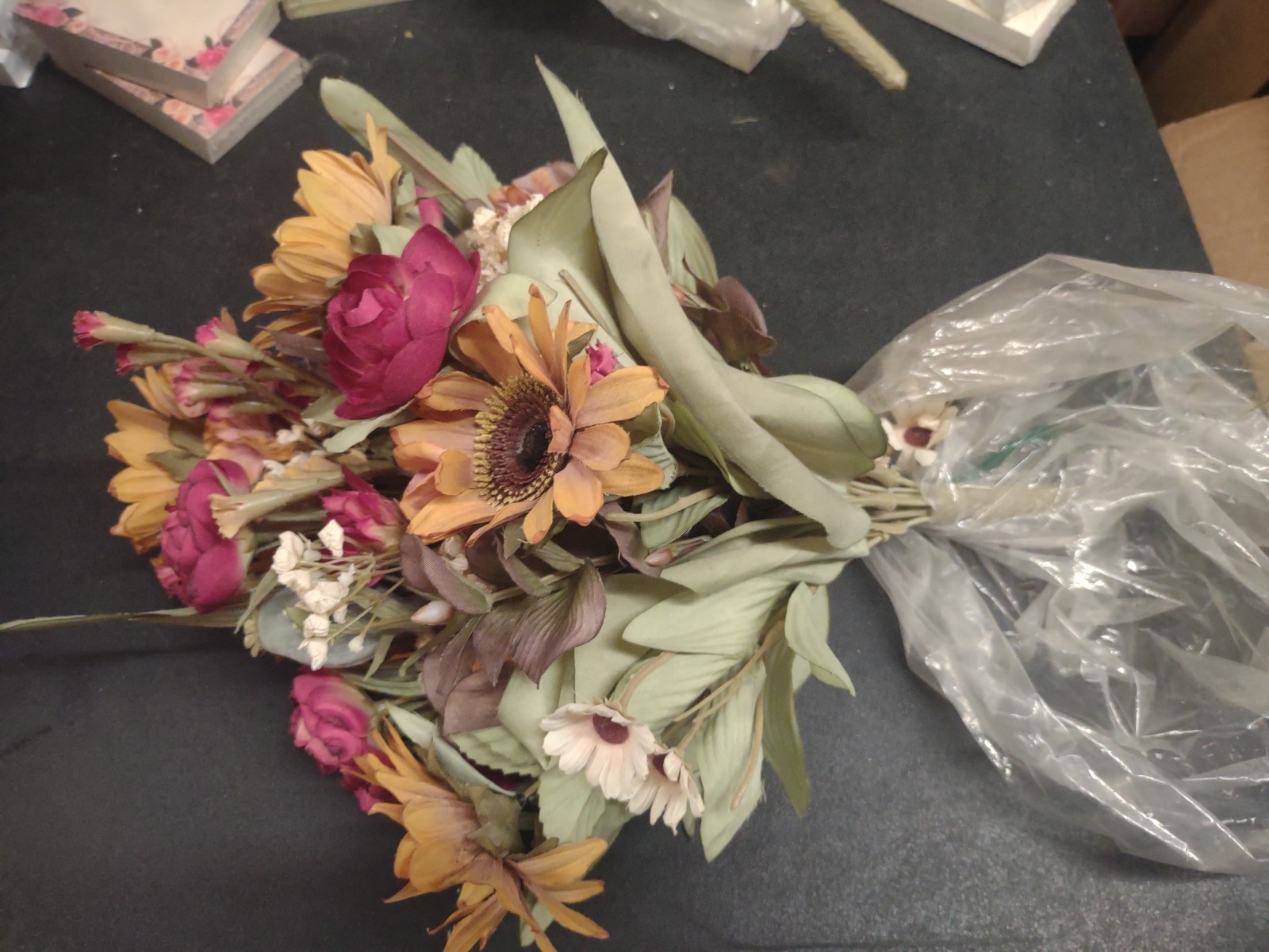 14″ Vintage Silk Bush, 16 Stems, Cranberry Ranunculus & Mustard Sunflowers
