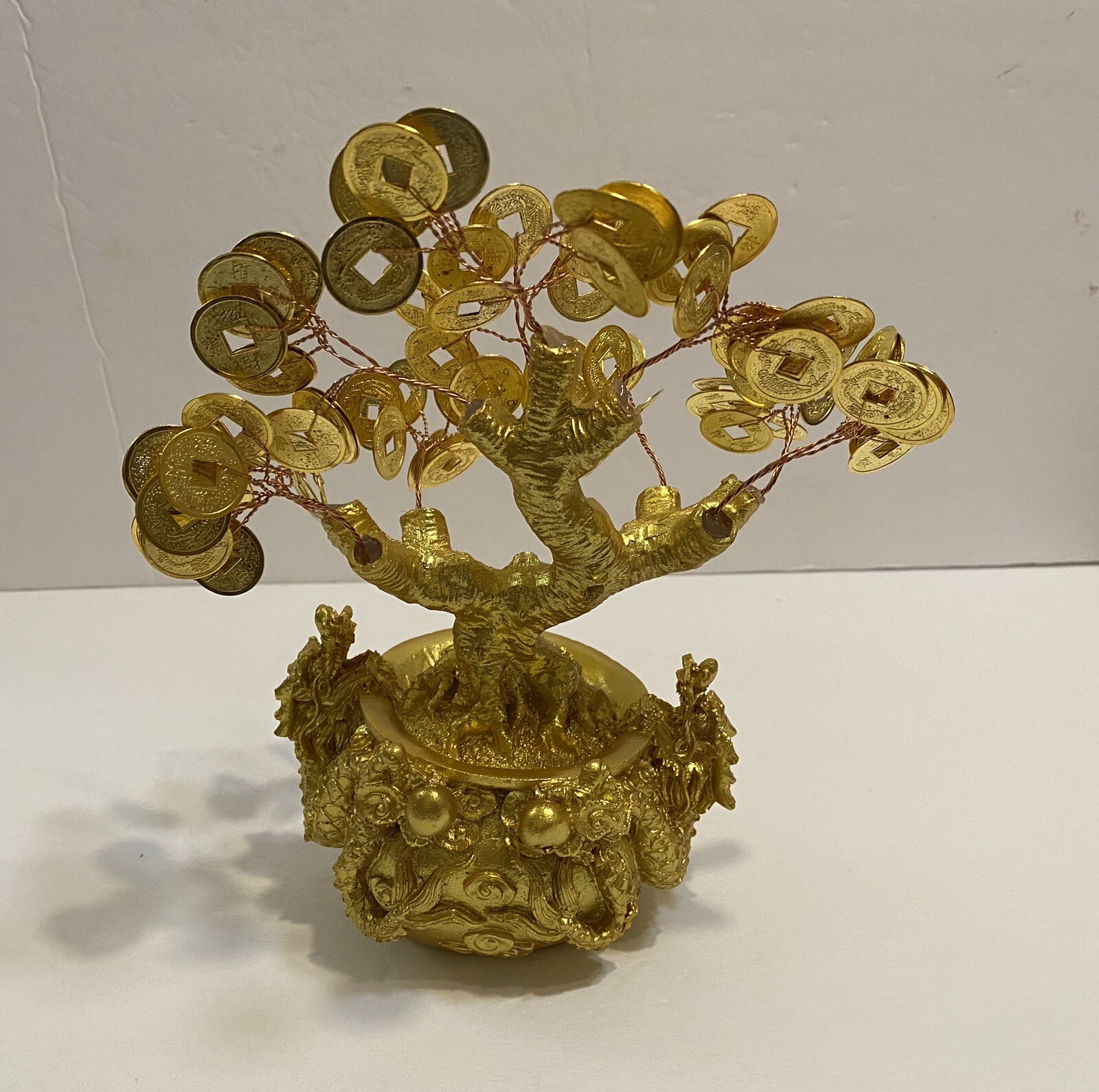 8” Feng Shui Gold Money Coins Tree in Dragon Pot Wealth Blessing Gift US Seller