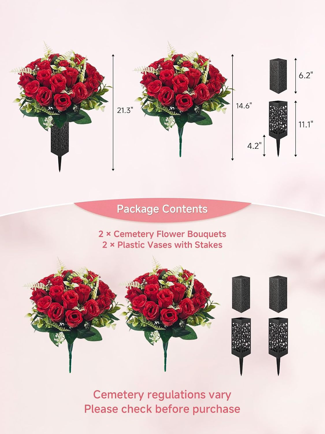 2 Pack Cemetery Flowers for Grave with Spiked Vases, 18-Stem Red Artificial Rose