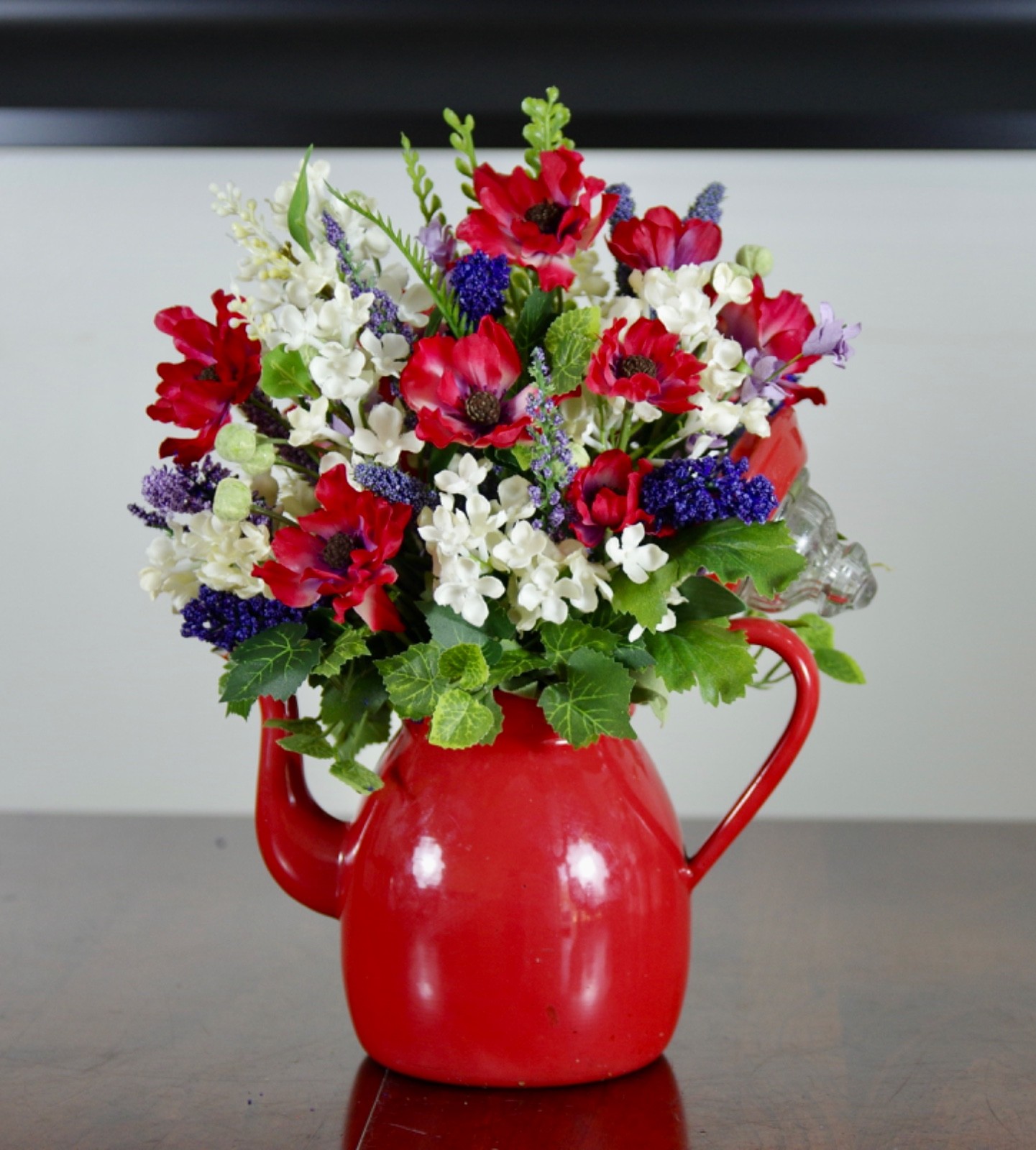 Silk Red, White and Purple Arrangement in Red Enamel Coffee Pot