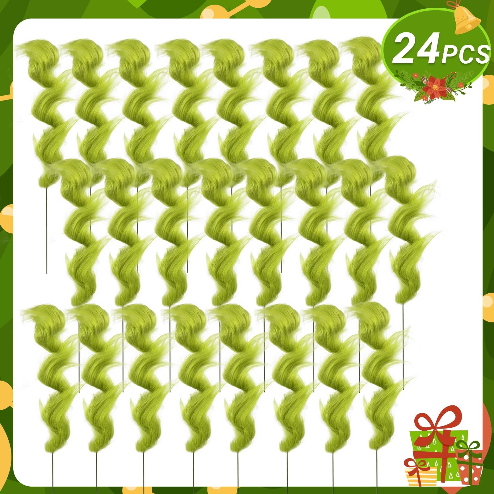 24 PCS Lime Green Furry Christmas Tree Picks Glitter Curly Berry Ornaments