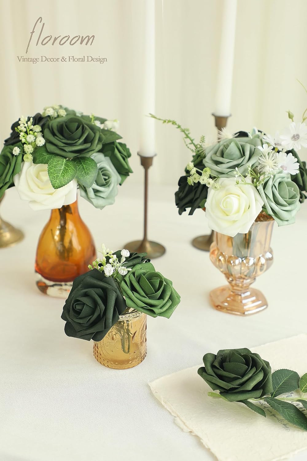 Artificial Flowers 25Pcs Real Looking Forest Green Ombre Colors Foam Fake Roses