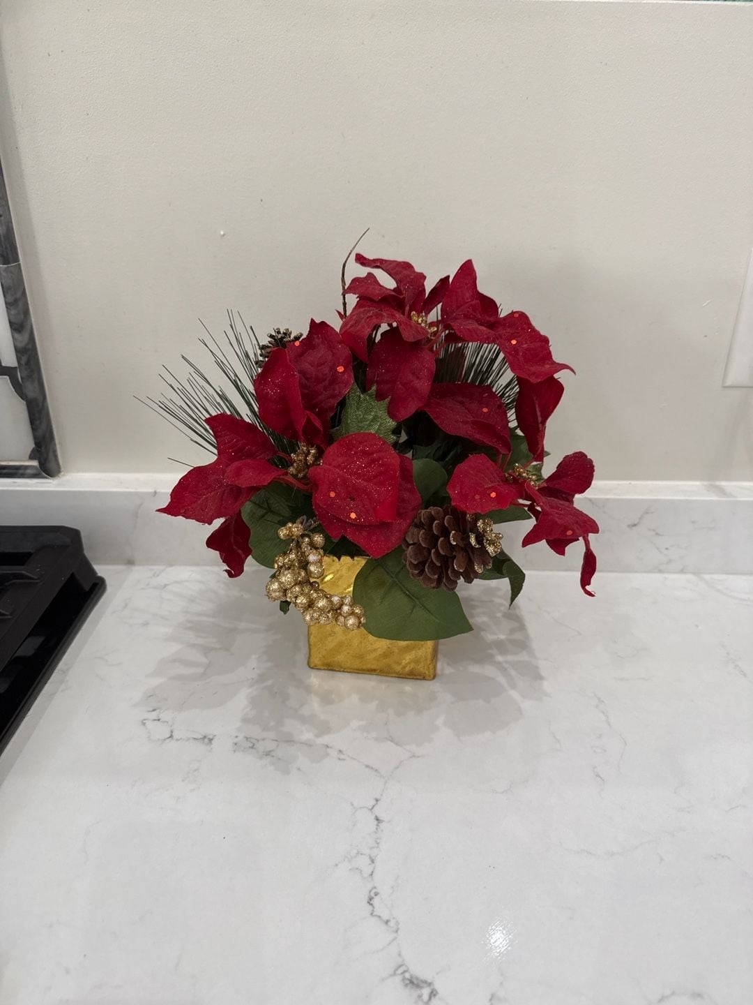 Artificial Poinsettia, Pine and Berry Christmas Arrangement in Gold Square Vase