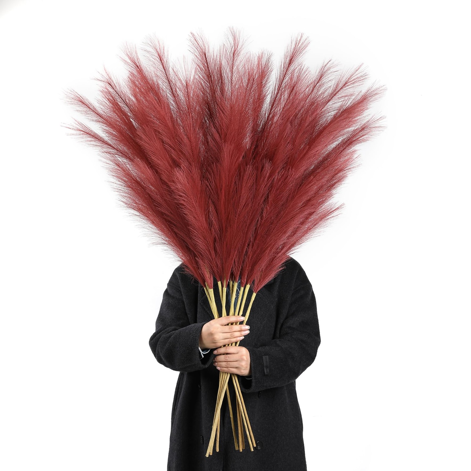 8 PCS Burgundy Pampas Grass Decor 45 Inch Tall Faux Pompous Artificial Vase
