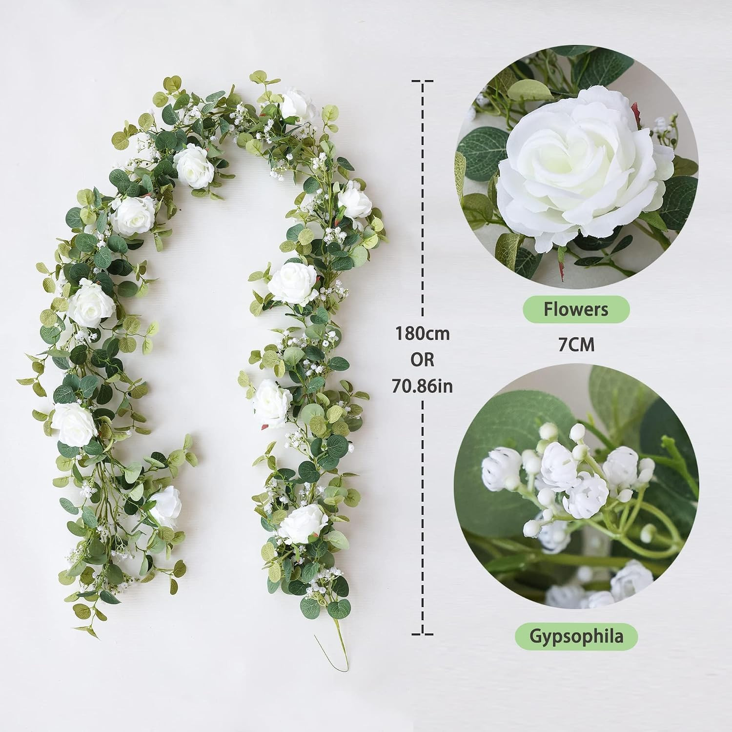 2PCS 5.91FT Artificial Eucalyptus Garland with Flowers, Fake Rose Gypsophila Gar
