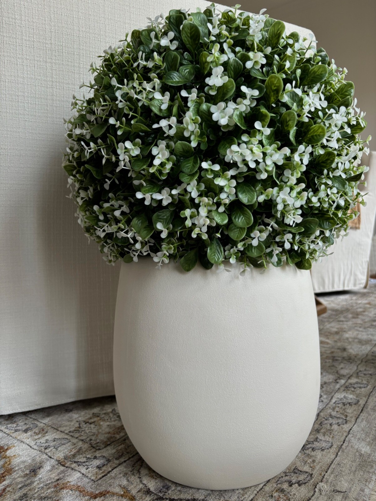 W&C Artificial Boxwood Topiary Ball With White Blooms -The Lane, 17 in, UV Rated