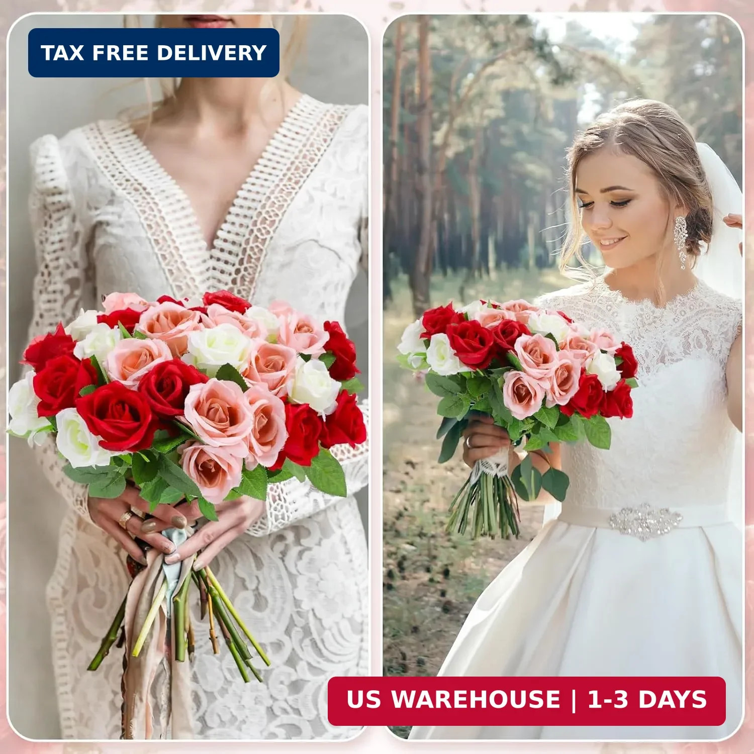 36 Pcs Red White Pink Artificial Roses with Long Stems, Fake Silk Rose Artificia