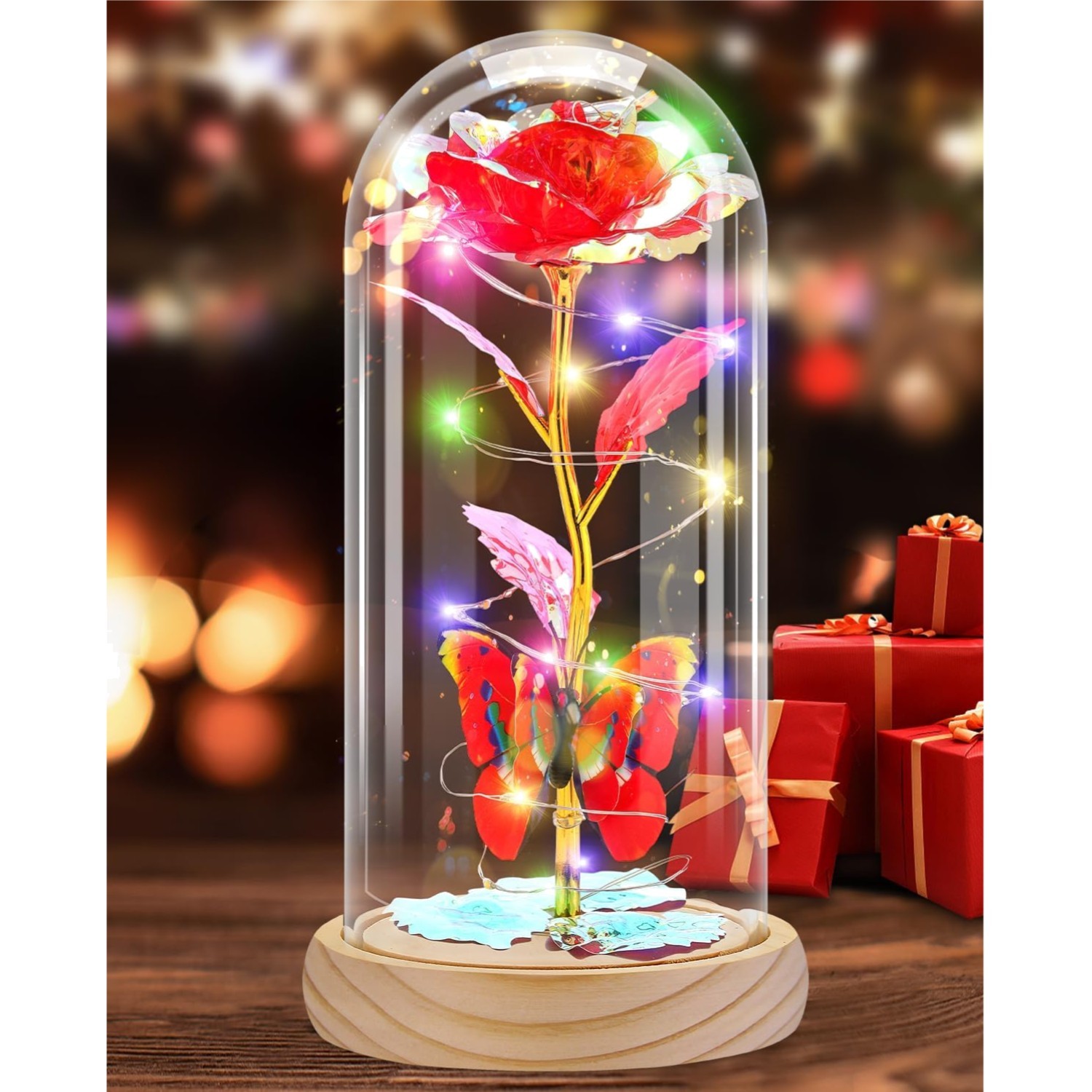 Preserved Rose Flower Lamp, Glass Rose Wood Base, Home Decor