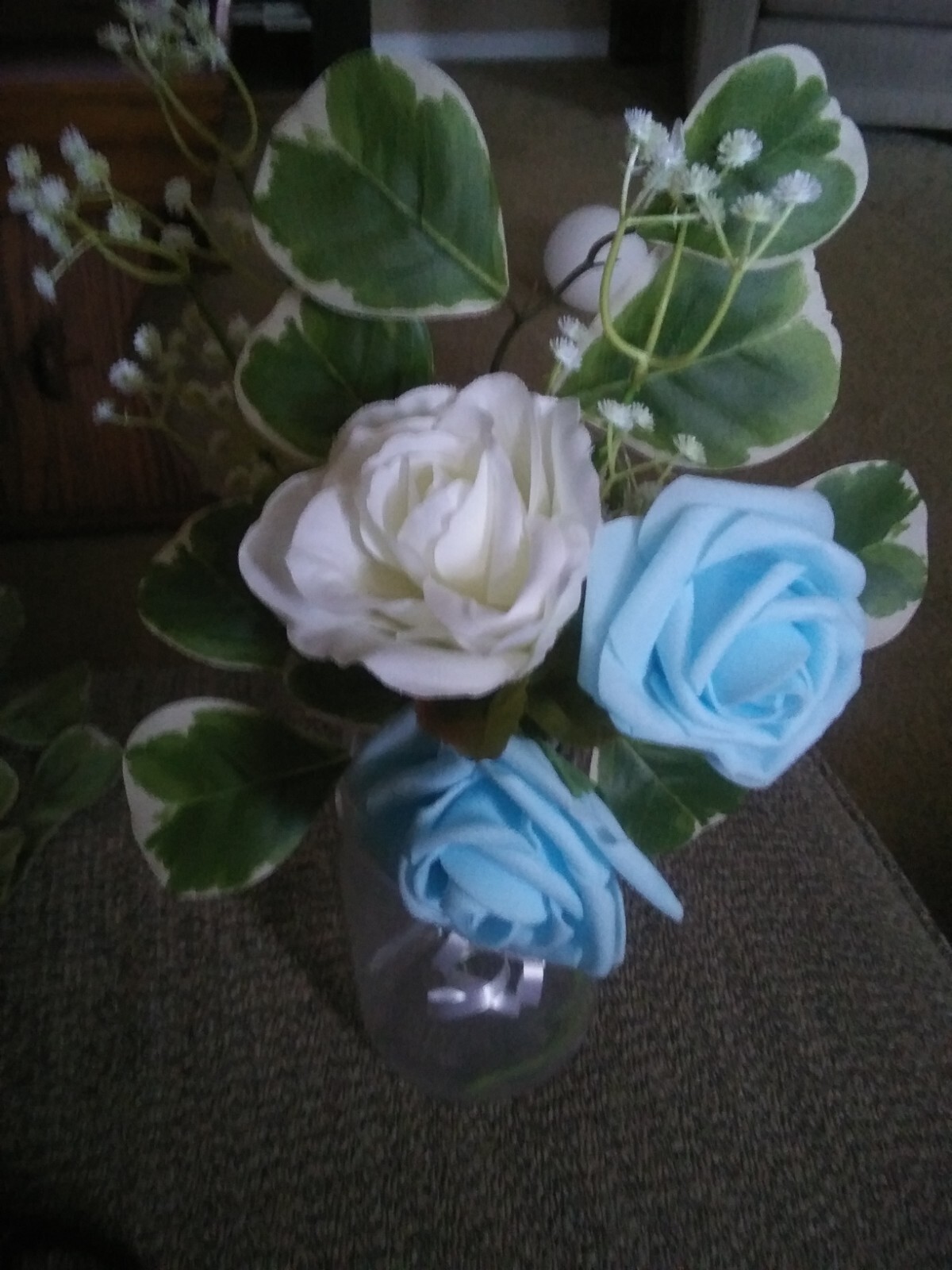 Lt Blue & White Rose faux flower arrangements, singles and greenery! GEORGEOUS