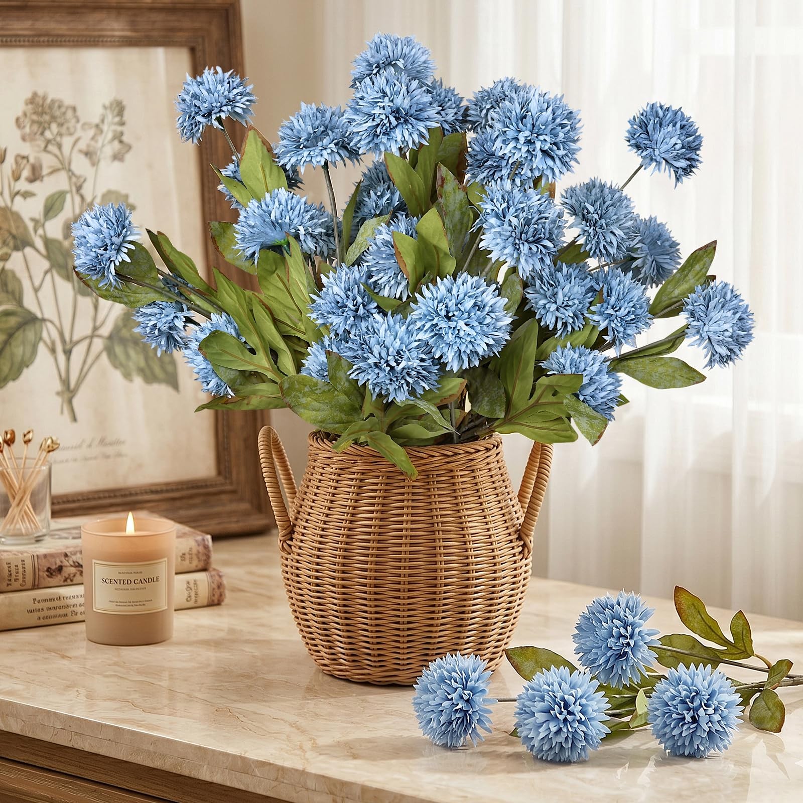 27 PCS Dusty Blue Silk Pompon Mums Artificial Flowers Vase Filler Home Decor
