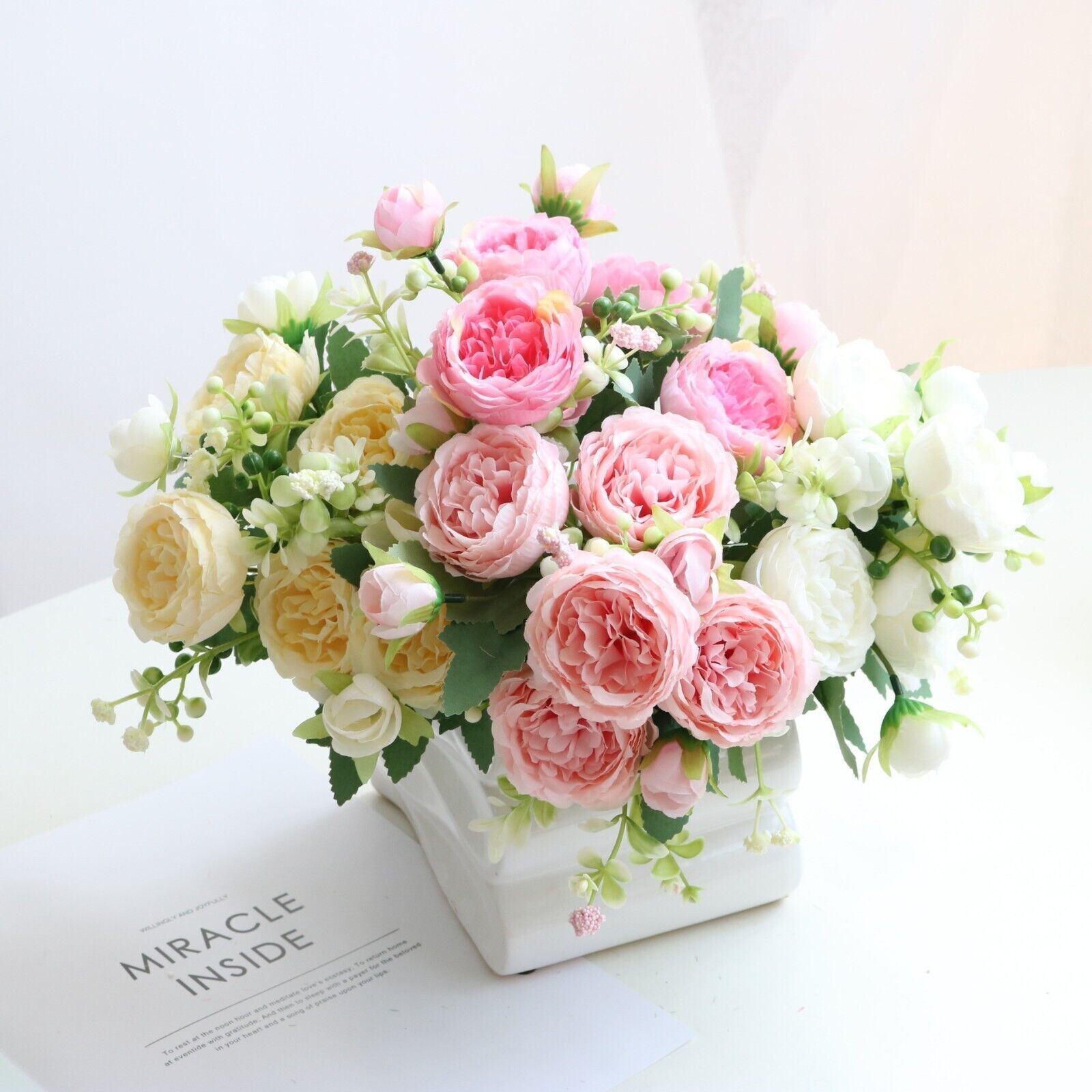 2 Bunches 9 Heads Silk Peony Artificial Flowers Wedding Bouquet Home Party Decor