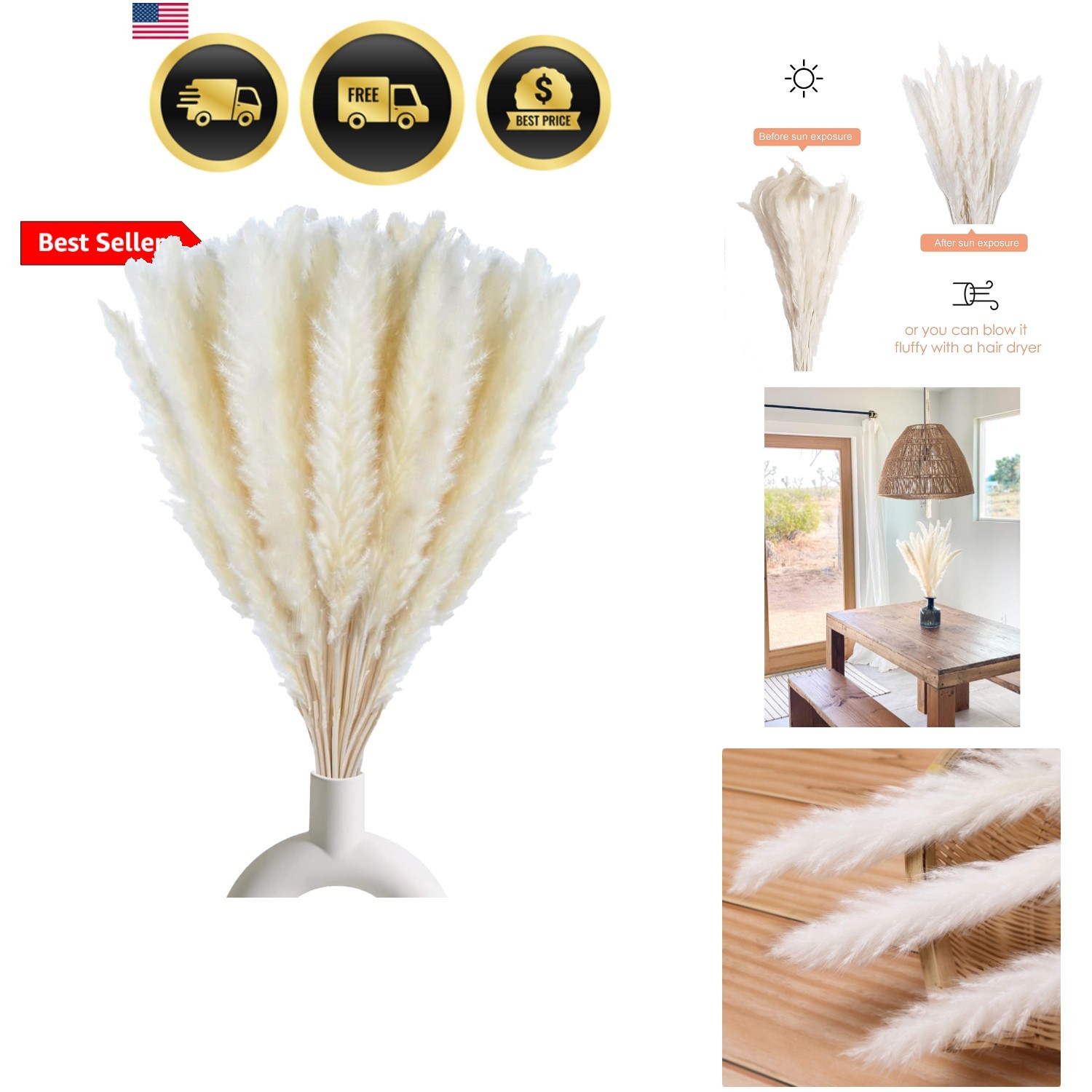 30 Pcs White Pampas Grass ,17 inch/45 cm Natural Dried Pampas Grass Branches …