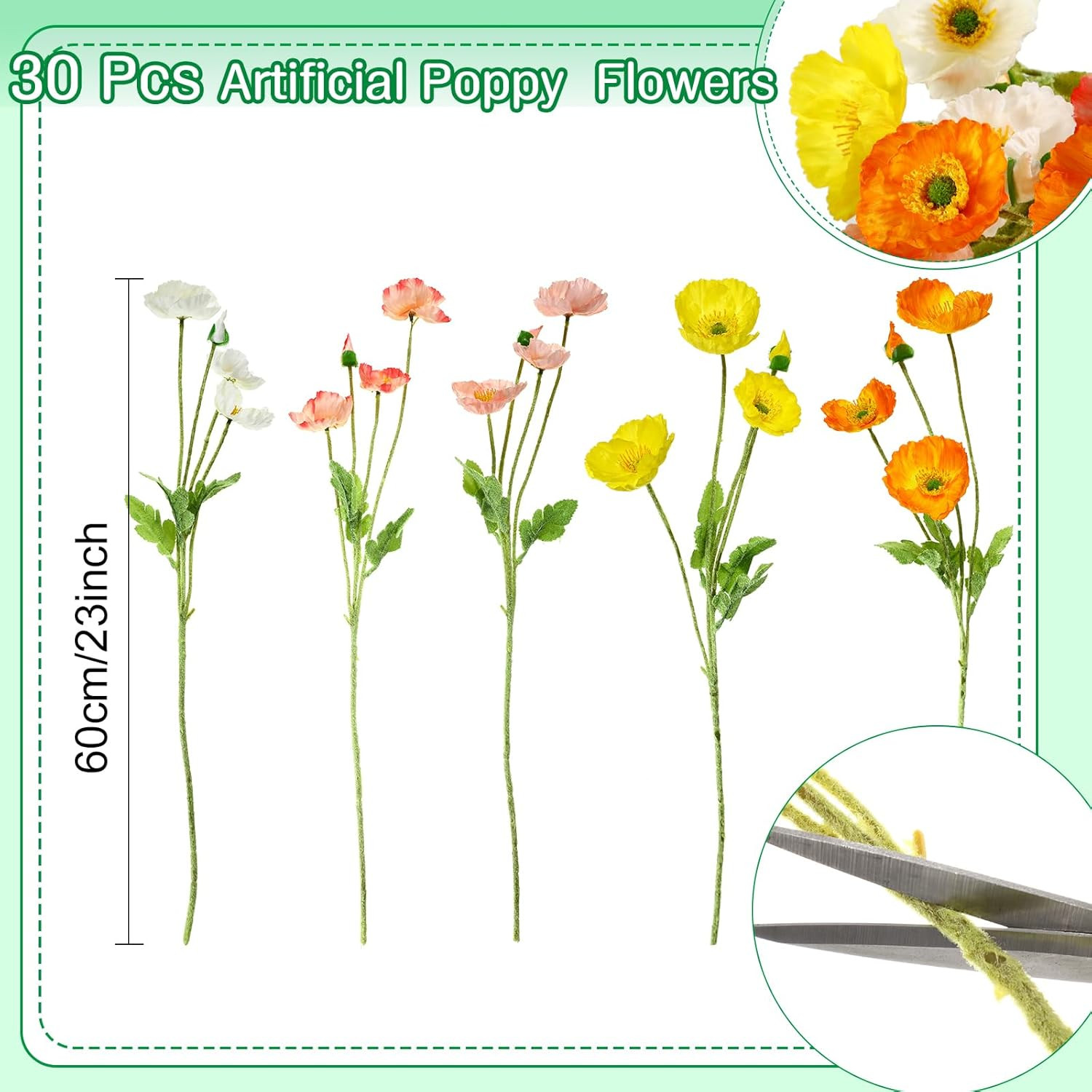 30 Pcs Silk Artificial Poppy Faux Poppy Spring Flowers for Home Kitchen Wedding