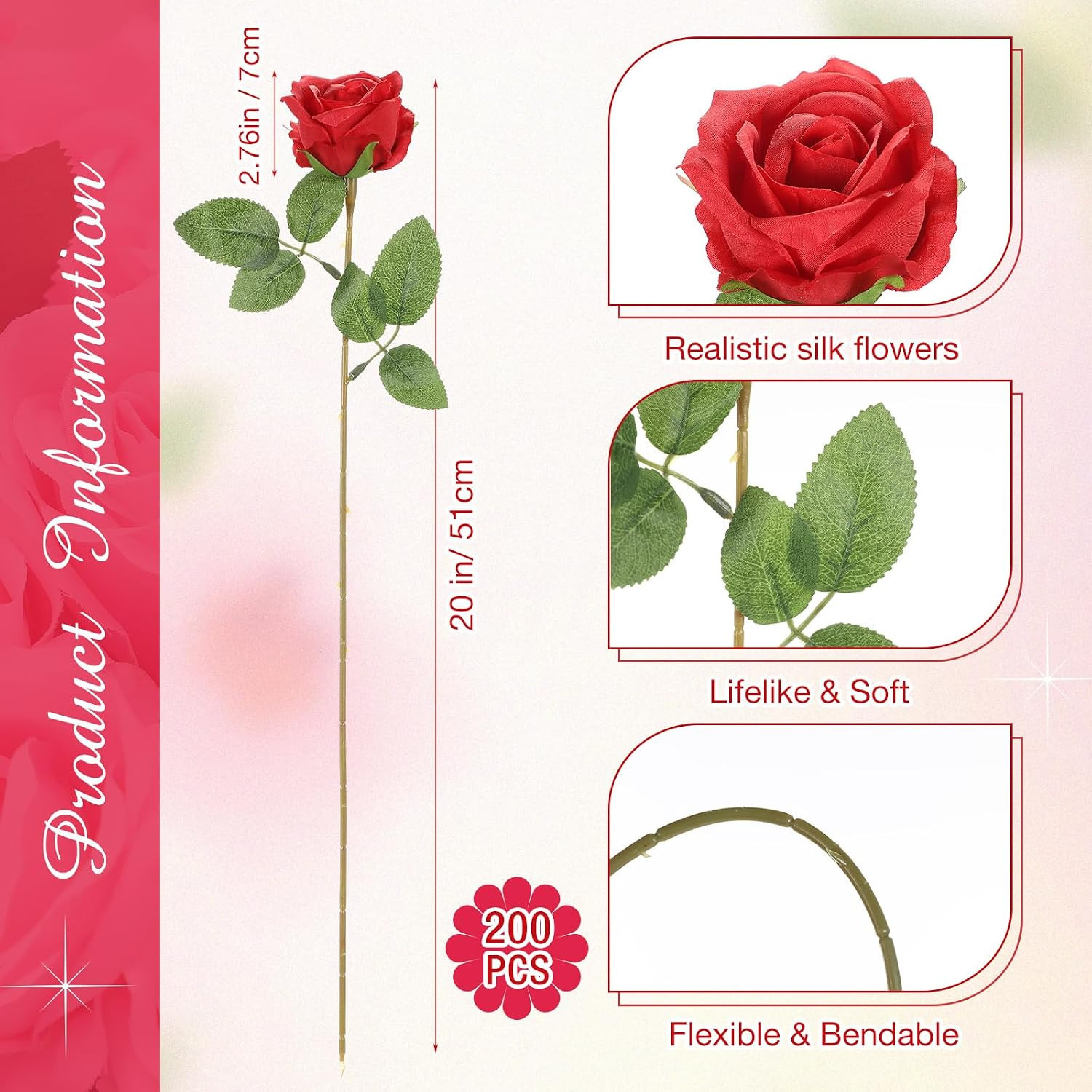 200 Pcs Artificial Roses Realistic Flowers Bulk Real Looking Fake Silk Rose Bouq