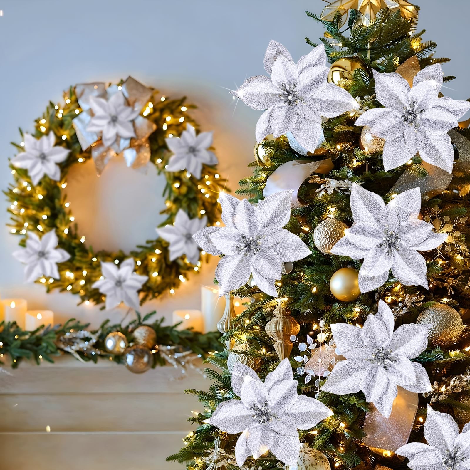 12Pcs Poinsettia Flower Artificial Poinsettia with Stem Christmas Decor Glitt…